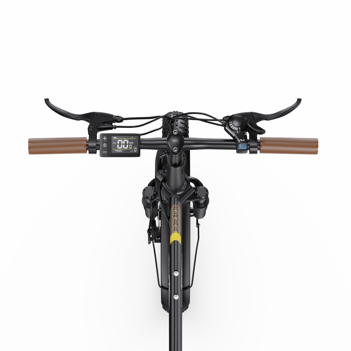Zbliżenie czarnej kierownicy roweru. Ma brązowe uchwyty, wyświetlacz cyfrowy i dźwignie hamulca. Tło jest białe.