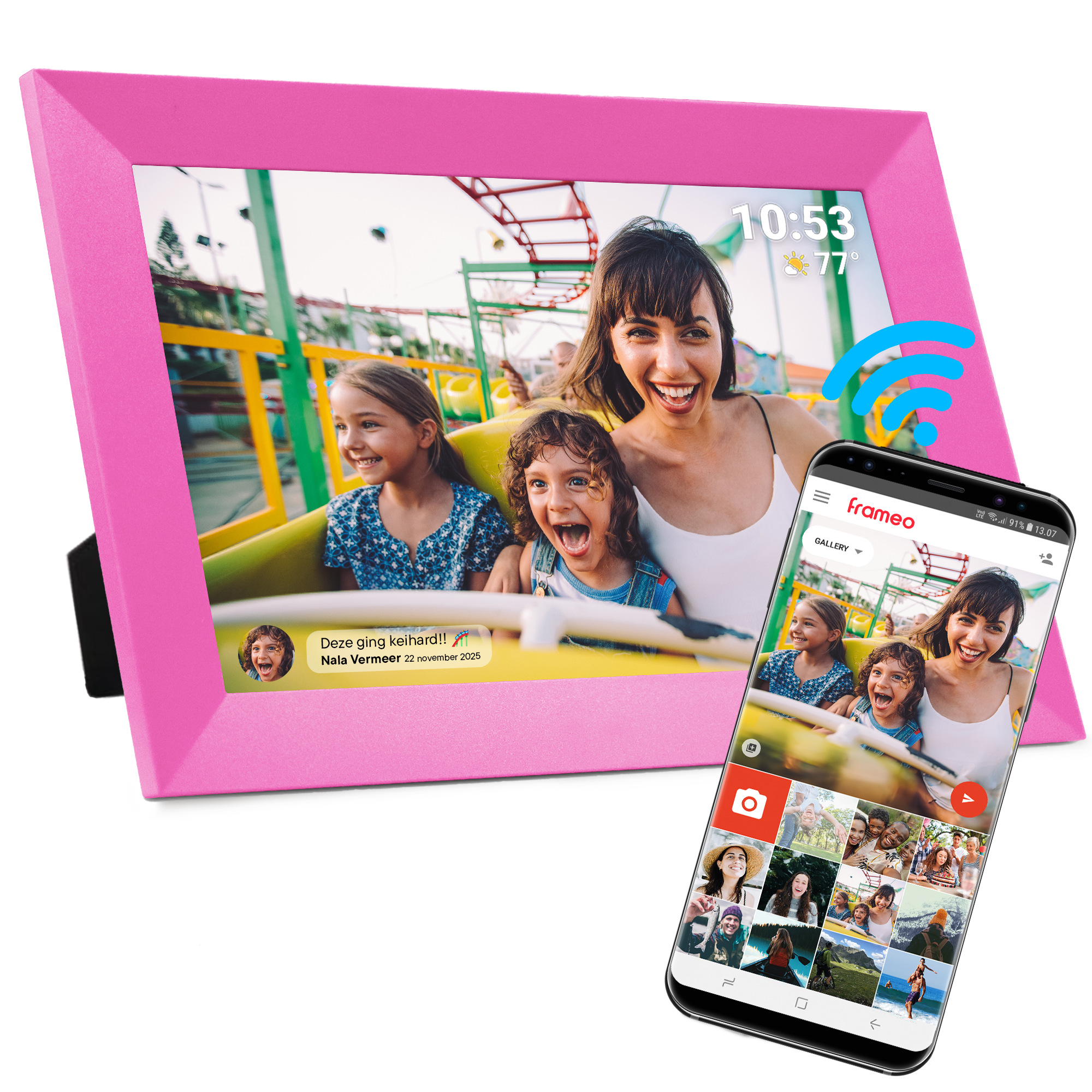 A pink digital photo frame displays a family on a rollercoaster. A phone shows photos. The time is 10:53, 77 degrees.