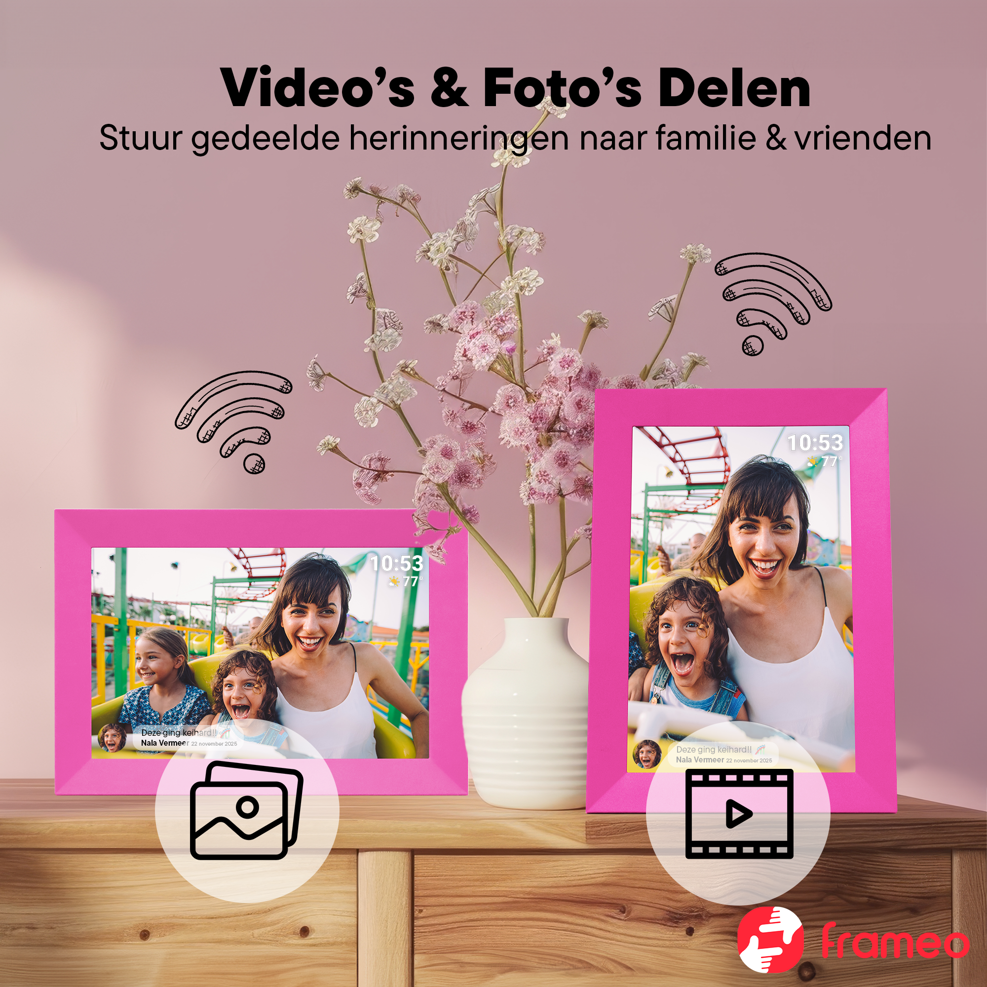 Pink photo frames displaying happy people. White vase with flowers, wooden table and pink background. Text on top.