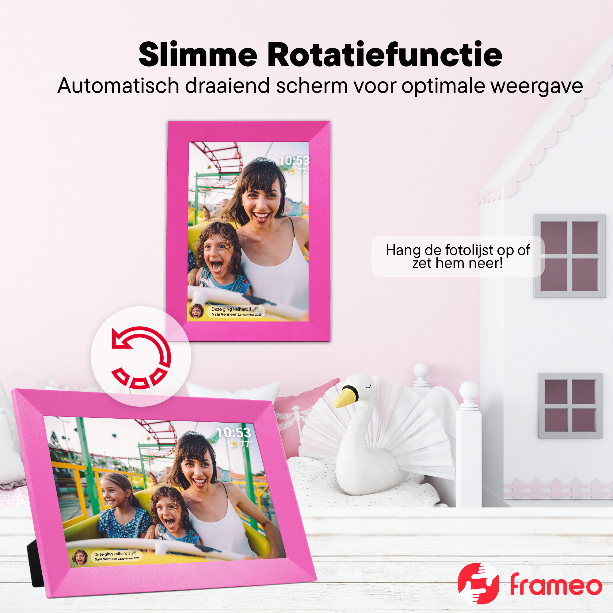 Pink photo frames displaying a smiling woman and children on a ride. Text says 'Slimme Rotatiefunctie' and 'Frameo'.