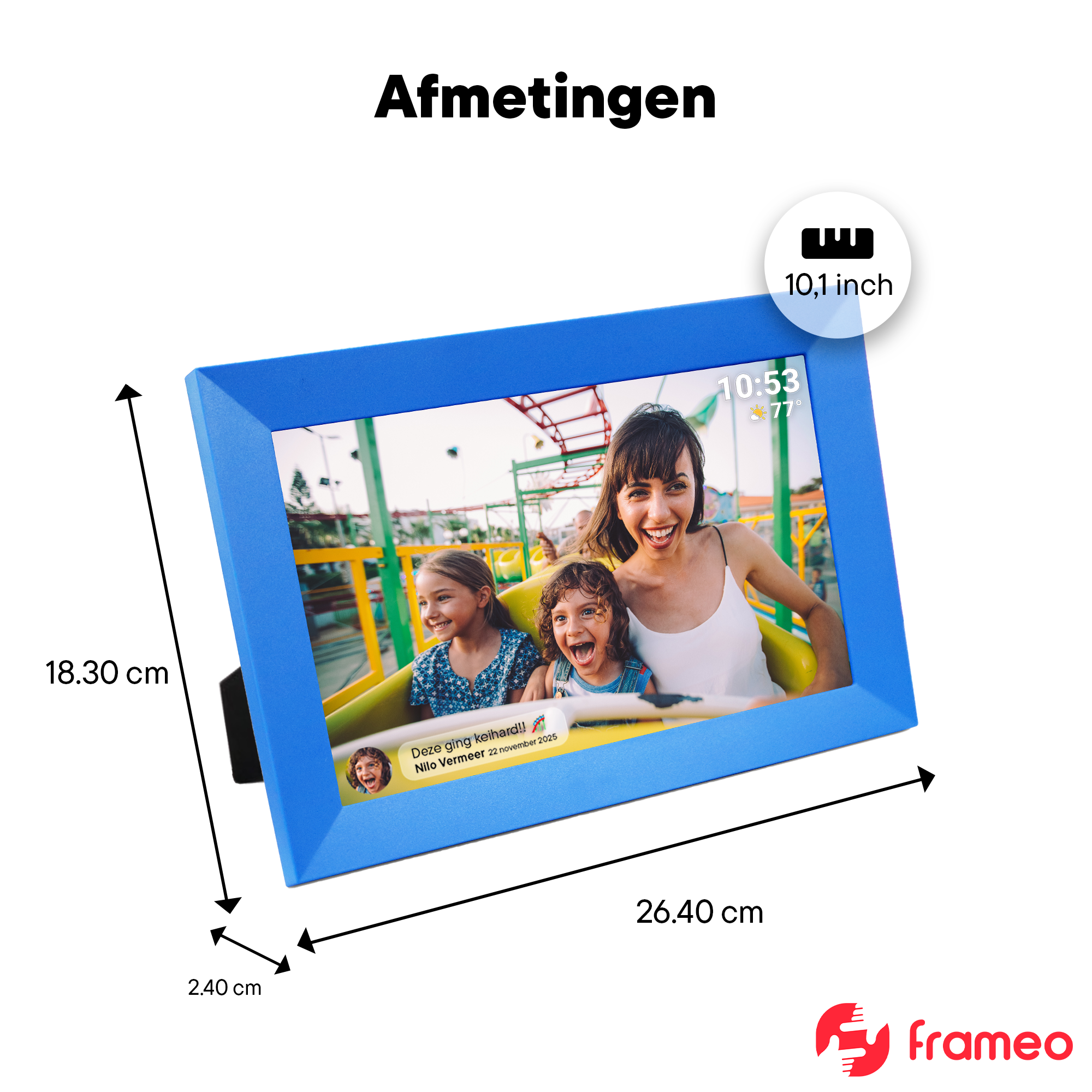 A blue photo frame with a picture of a family on a ride. Dimensions are shown: 18.30 cm, 2.40 cm, 26.40 cm, and 10.1 inch.