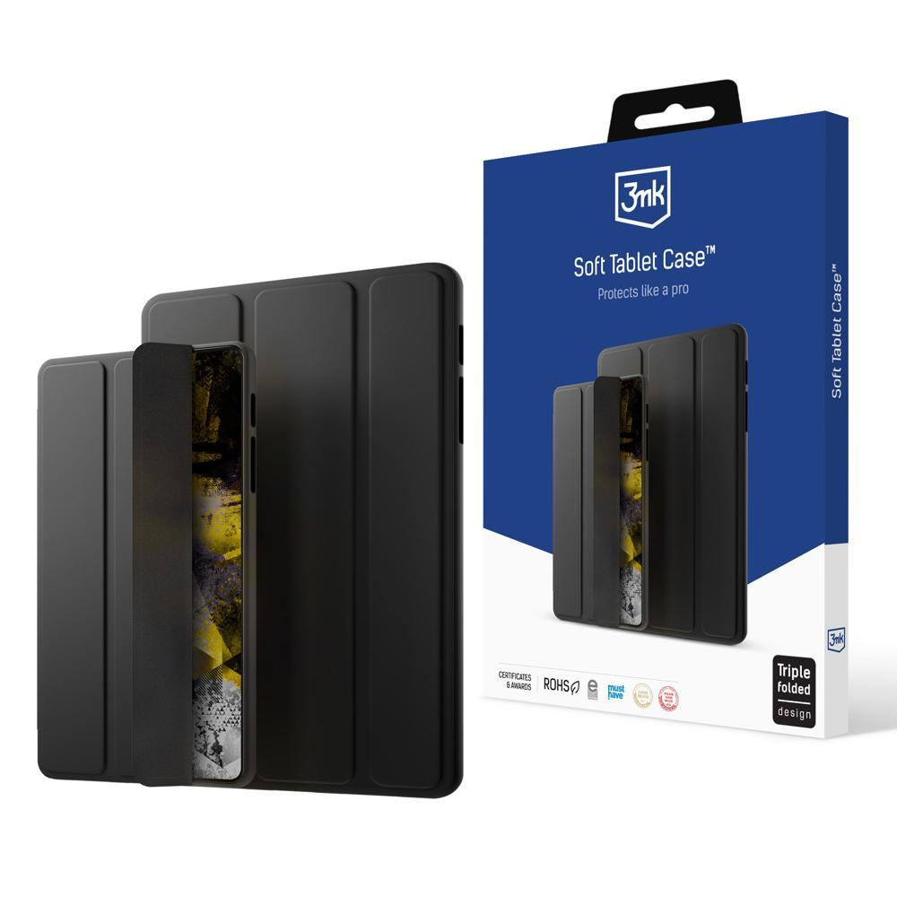Czarny futerał na tablet, otwarty i zamknięty, obok pudełka produktu. Pudełko pokazuje etui i tekst: Soft Tablet Case.