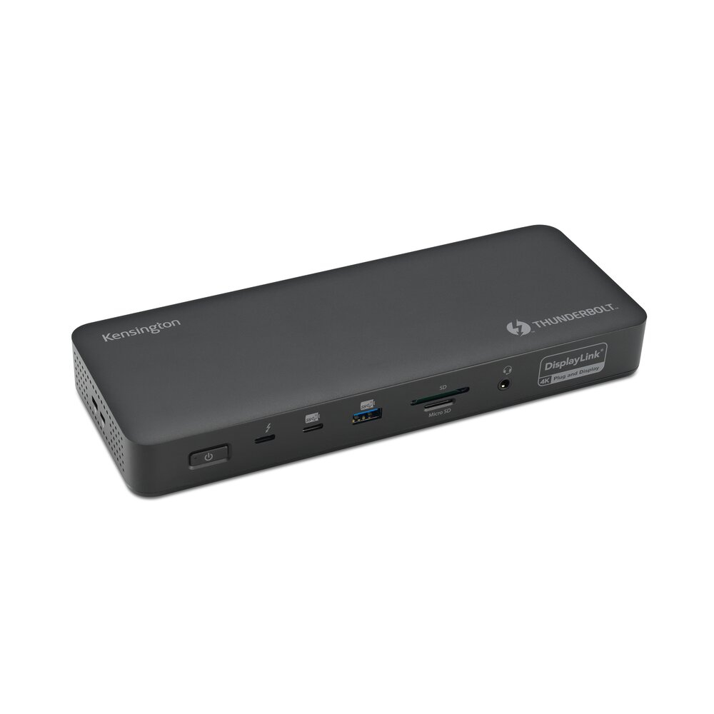 Eine dunkelgraue Kensington Thunderbolt-Dockingstation. Sie hat verschiedene Anschlüsse, einen Einschaltknopf und die Logos von Thunderbolt und DisplayLink.
