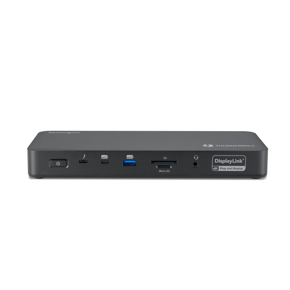 A black Kensington docking station with multiple ports, including USB, SD, and audio. It has a power button and DisplayLink logo.