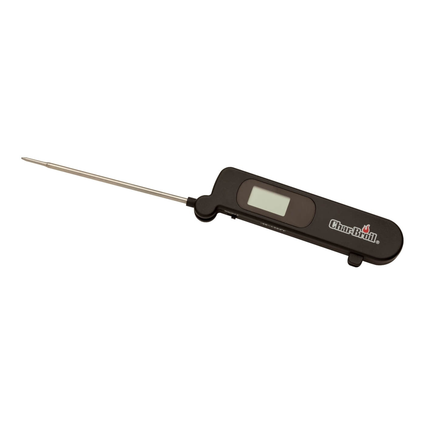 Ein schwarzes Char-Broil-Lebensmittelthermometer mit silberner Sonde. Das Thermometer hat eine digitale Anzeige und den Markennamen.