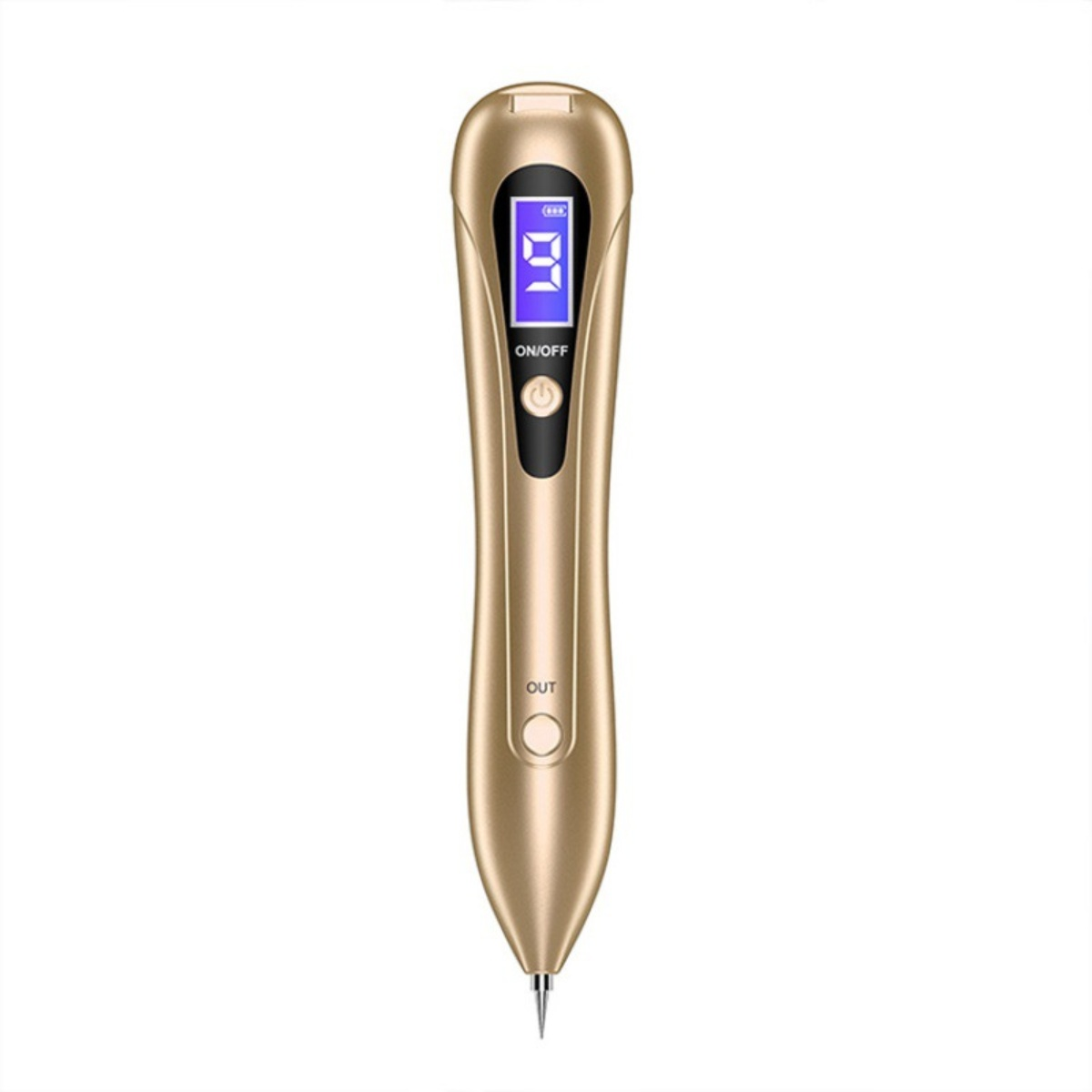 Goldfarbener Stift zur Entfernung von Hautanhängseln mit digitaler Anzeige. Er hat eine Ein-/Aus-Taste und eine 'OUT'-Taste.