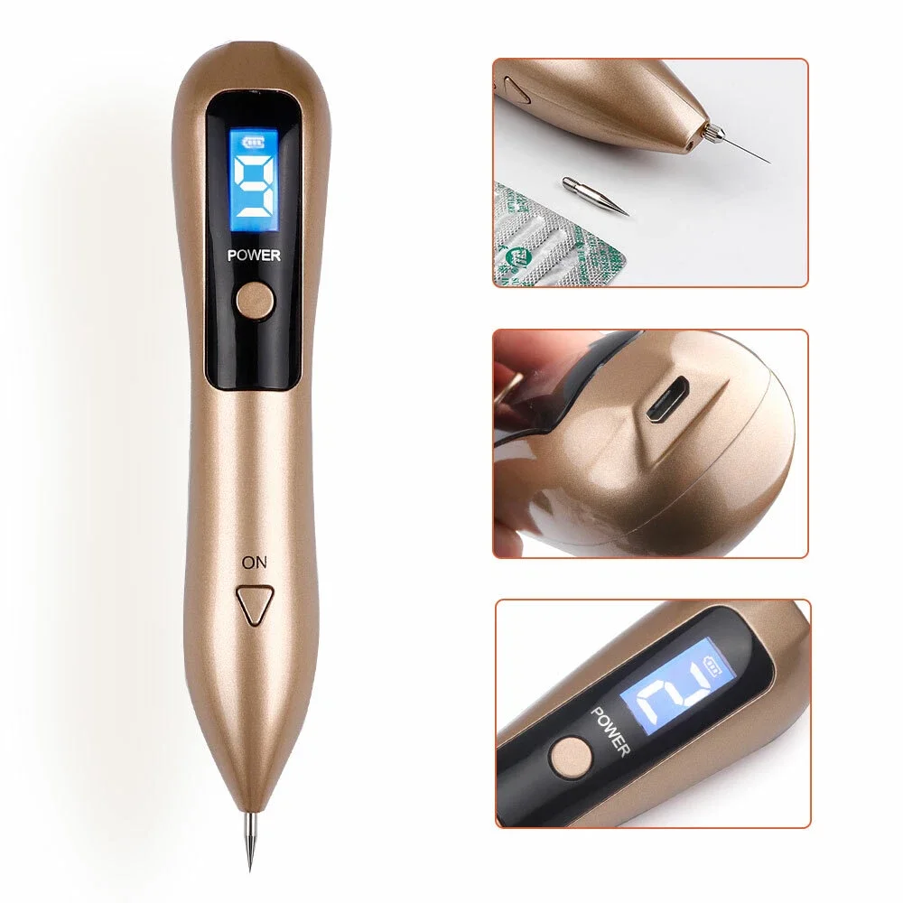 Ein goldener Muttermalentferner mit Digitalanzeige der Leistungsstufe. Enthält Nahaufnahmen des Stifts und Zubehörs.