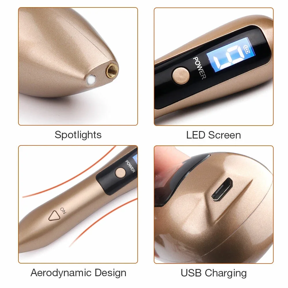 Ein goldfarbenes Gerät mit einem Scheinwerfer, einem LED-Bildschirm und einem USB-Ladeanschluss. Es hat ein aerodynamisches Design und eine Power-Taste.