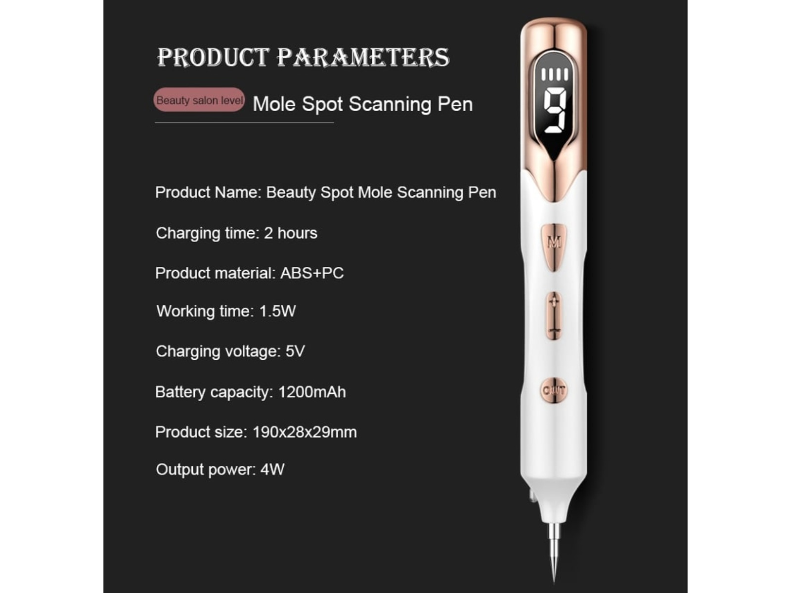 Ein weißer und goldfarbener Muttermal-Scanning-Stift mit Digitalanzeige, Produktdetails auf der linken Seite, auf dunklem Hintergrund.
