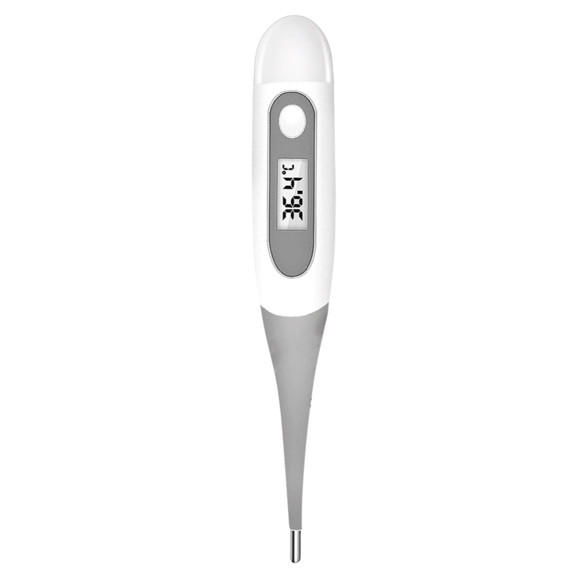 Ein weißes digitales Thermometer zeigt 36,4°C an. Das Thermometer ist weiß und grau, mit abgerundeter Oberseite und spitzem Ende.