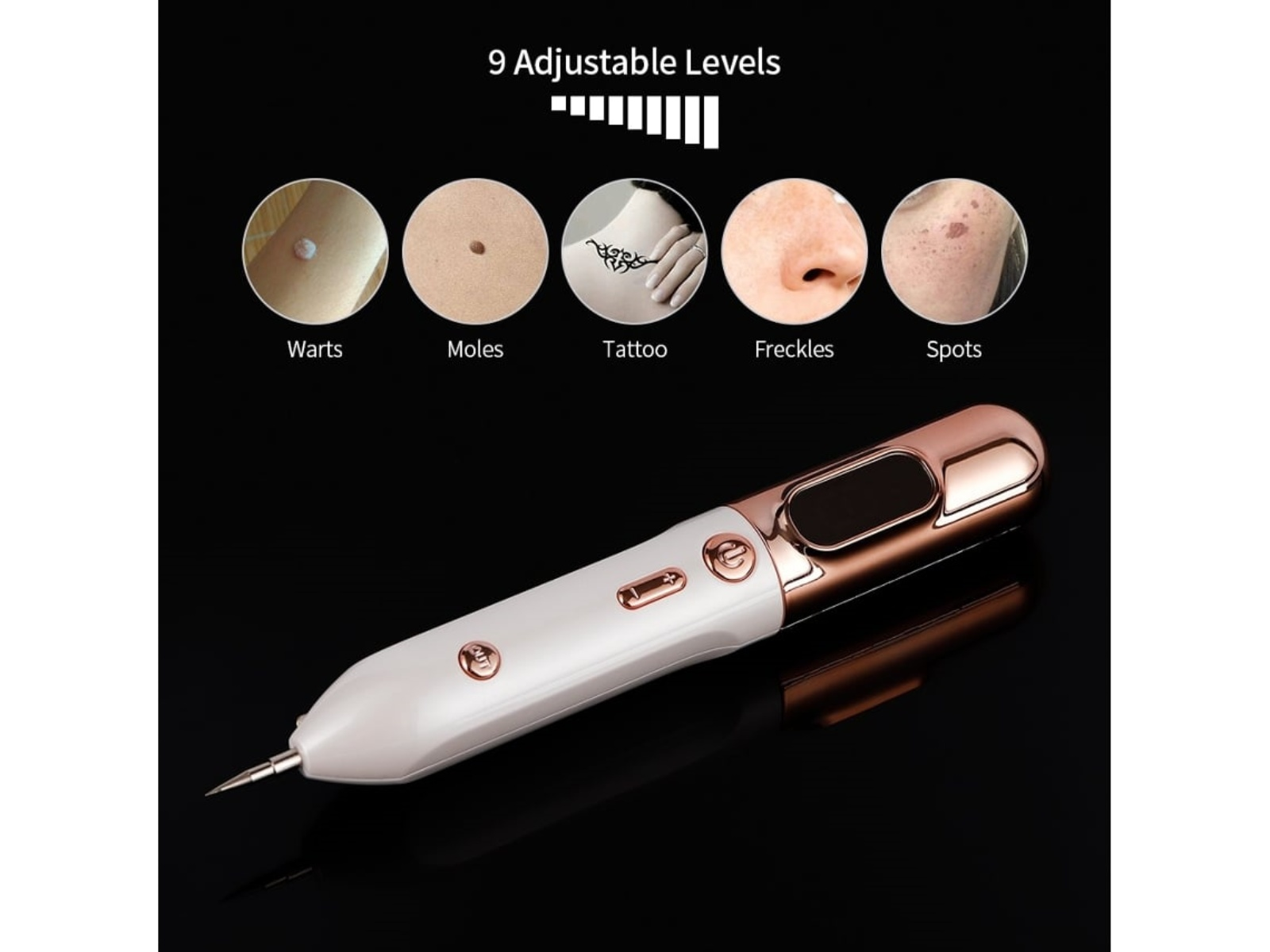 Ein weißer und roségoldener Skin-Tag-Entferner-Stift mit schwarzem Hintergrund. Oben sind Hauterkrankungen wie Warzen und Muttermale.