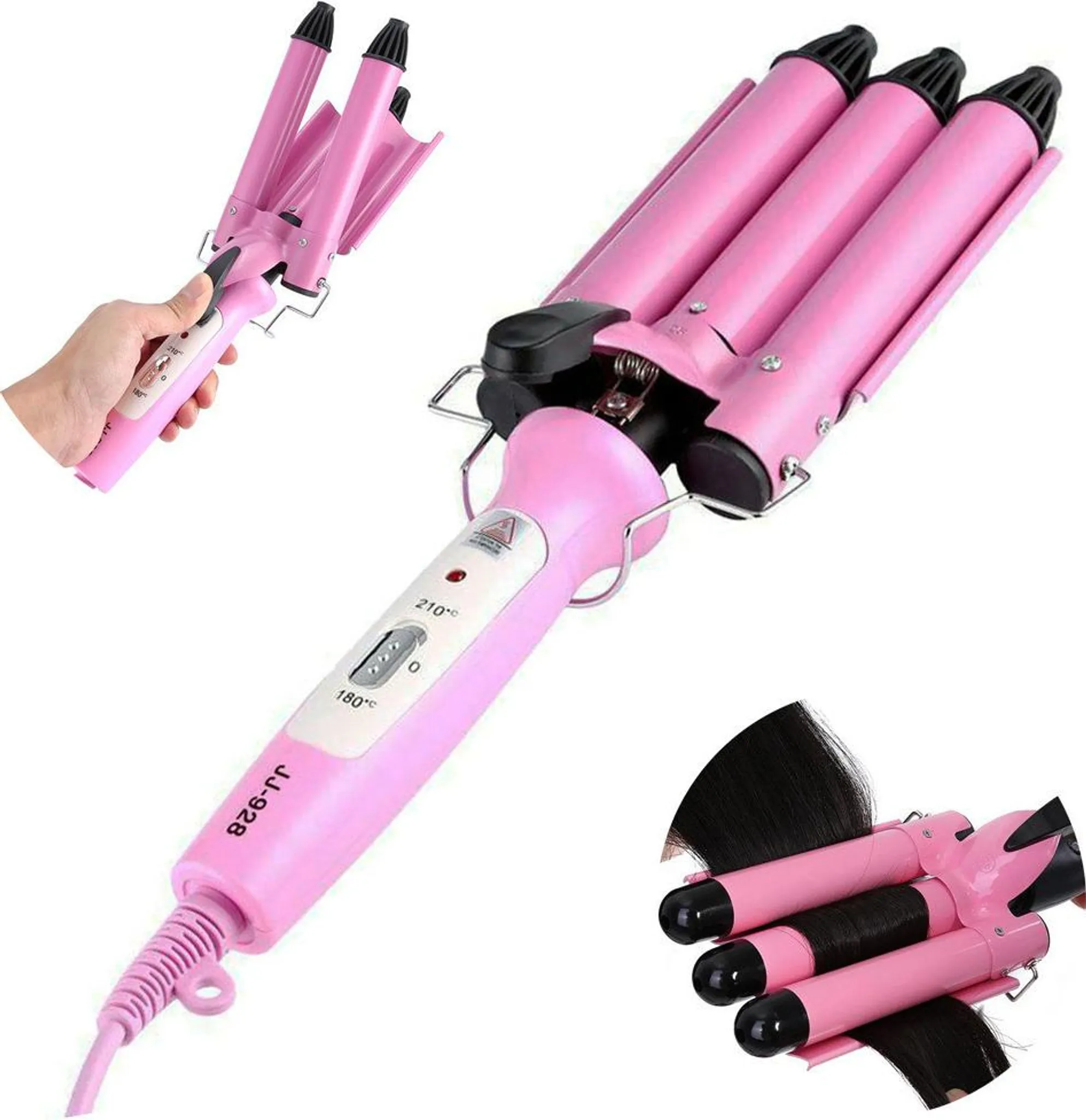 Rosa Lockenstab mit drei Läufen und schwarzen Spitzen, mehrere Ansichten. Zeigt eine Hand, die ihn hält und gestyltes Haar.