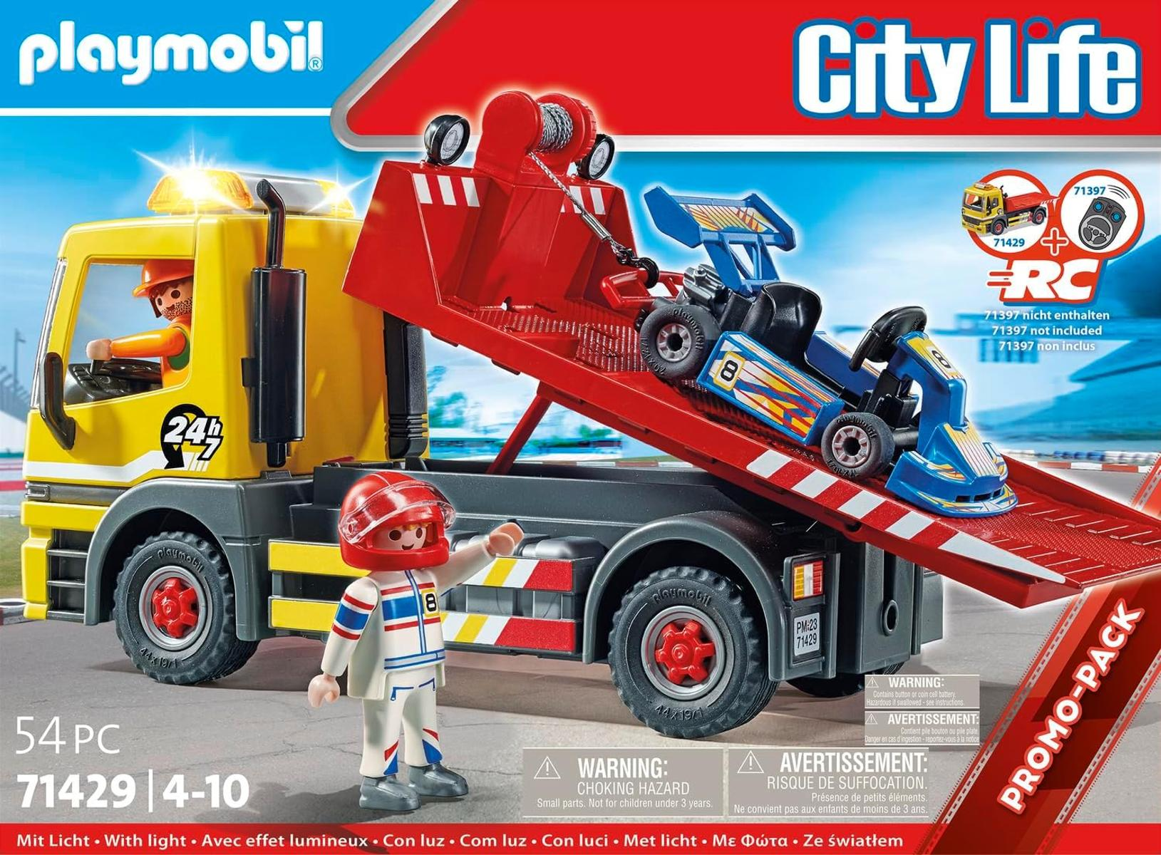 Set Playmobil: carro attrezzi giallo con auto da corsa blu, figura che saluta e testo City Life.