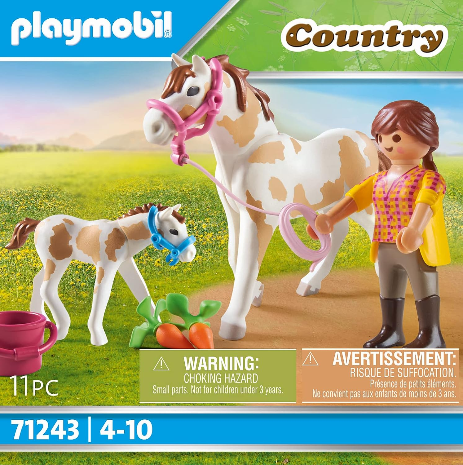 Set Playmobil: una donna con un cavallo e un puledro. Include accessori: secchio, carote. Segnali di avvertimento in basso.