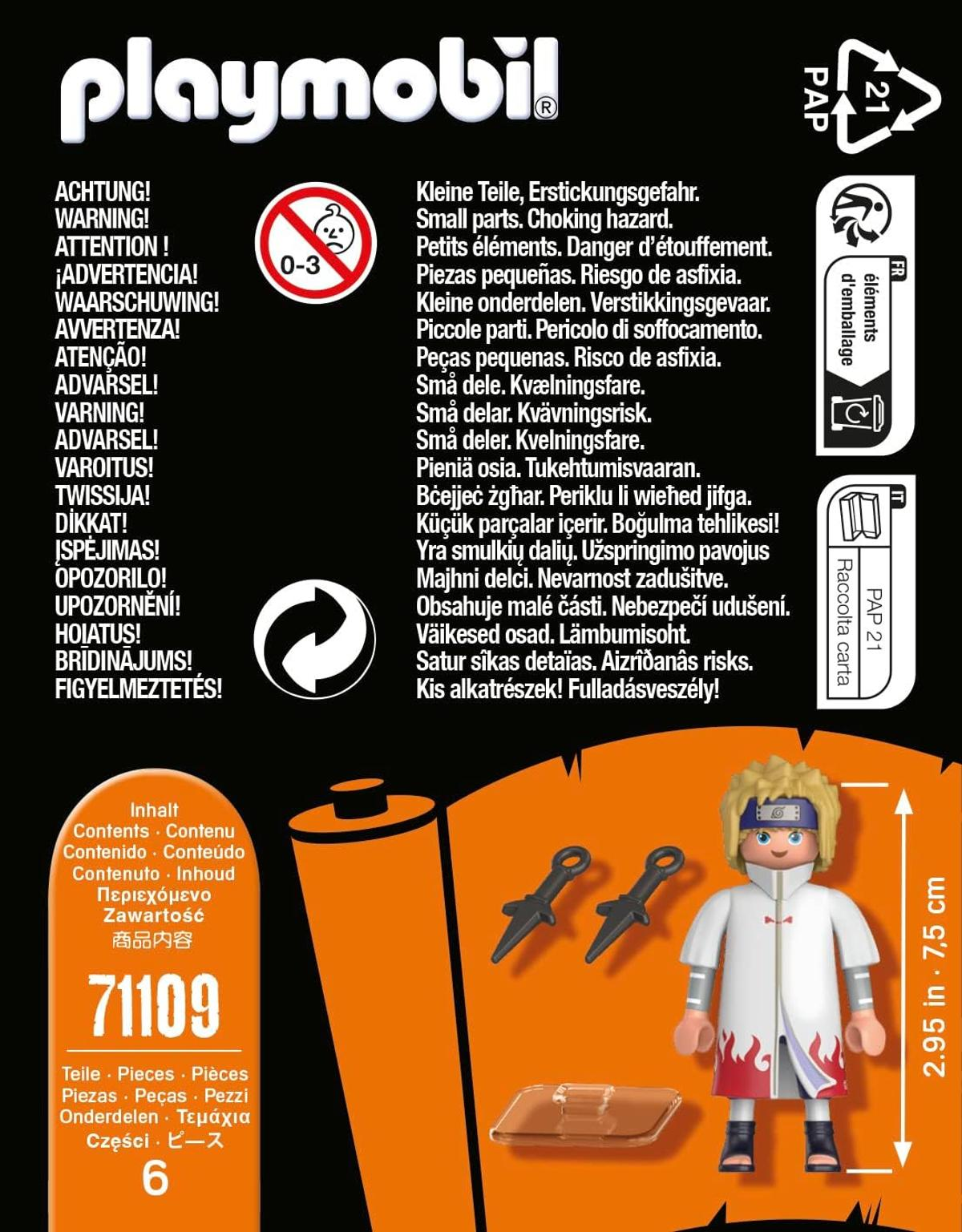 Playmobil-Set-Box mit Naruto-Figur und Zubehör. Enthält Warnhinweise und Produktinformationen.