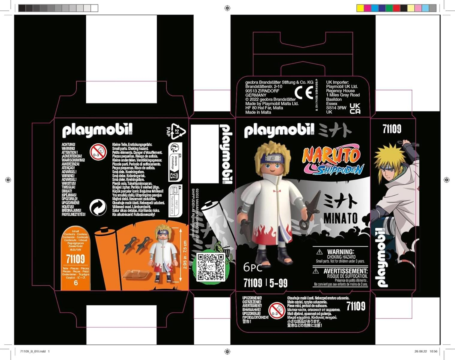 Playmobil-Box mit Naruto-Charakter Minato, enthält Figur, Zubehör und Warnhinweise.