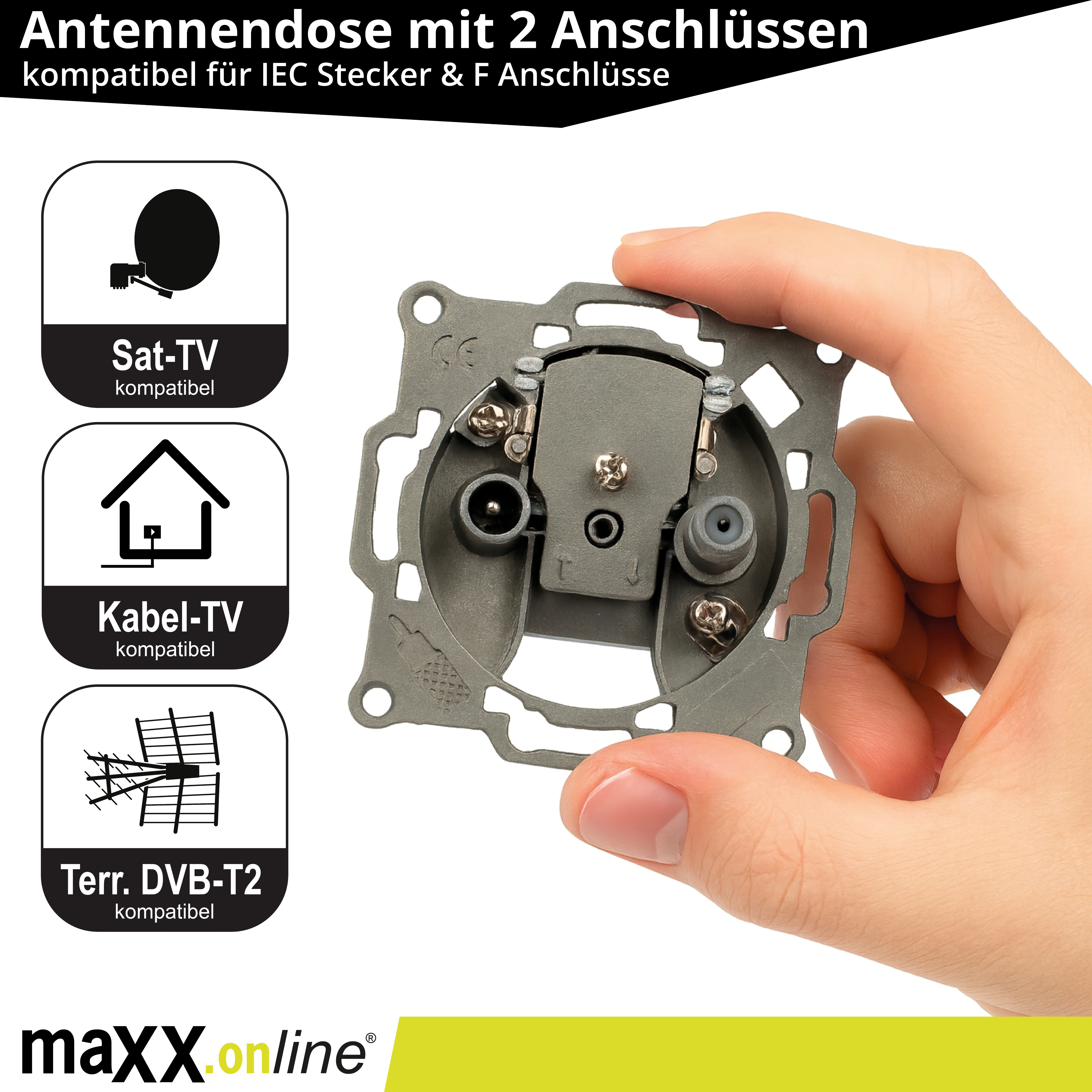 Eine Hand hält eine graue Antennendose. Symbole für Sat-TV, Kabel-TV und DVB-T2 sind links.