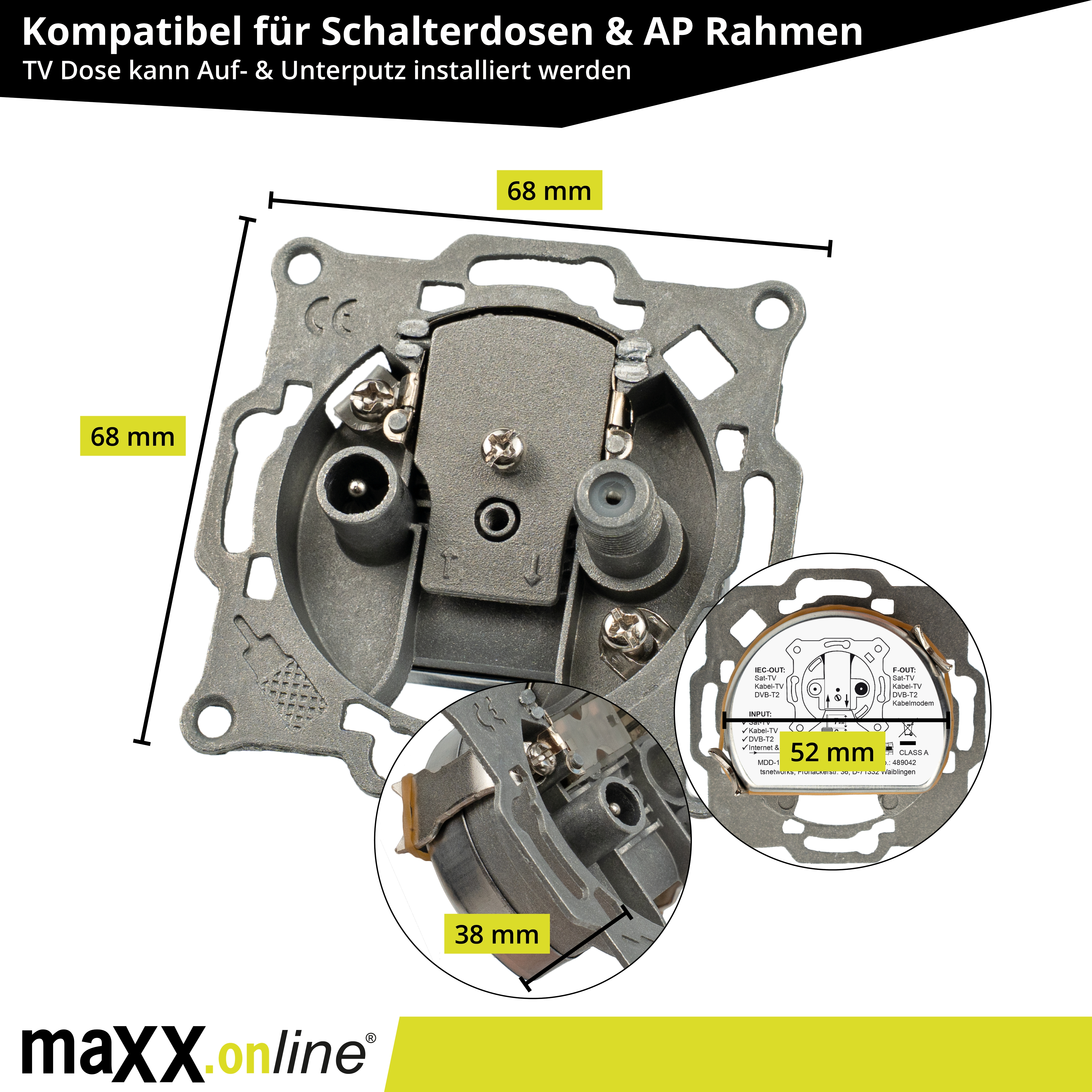 Graue TV-Steckdose mit Maßangaben. Details umfassen Anschlüsse, ein kleines Diagramm und die Marke maxx.online.