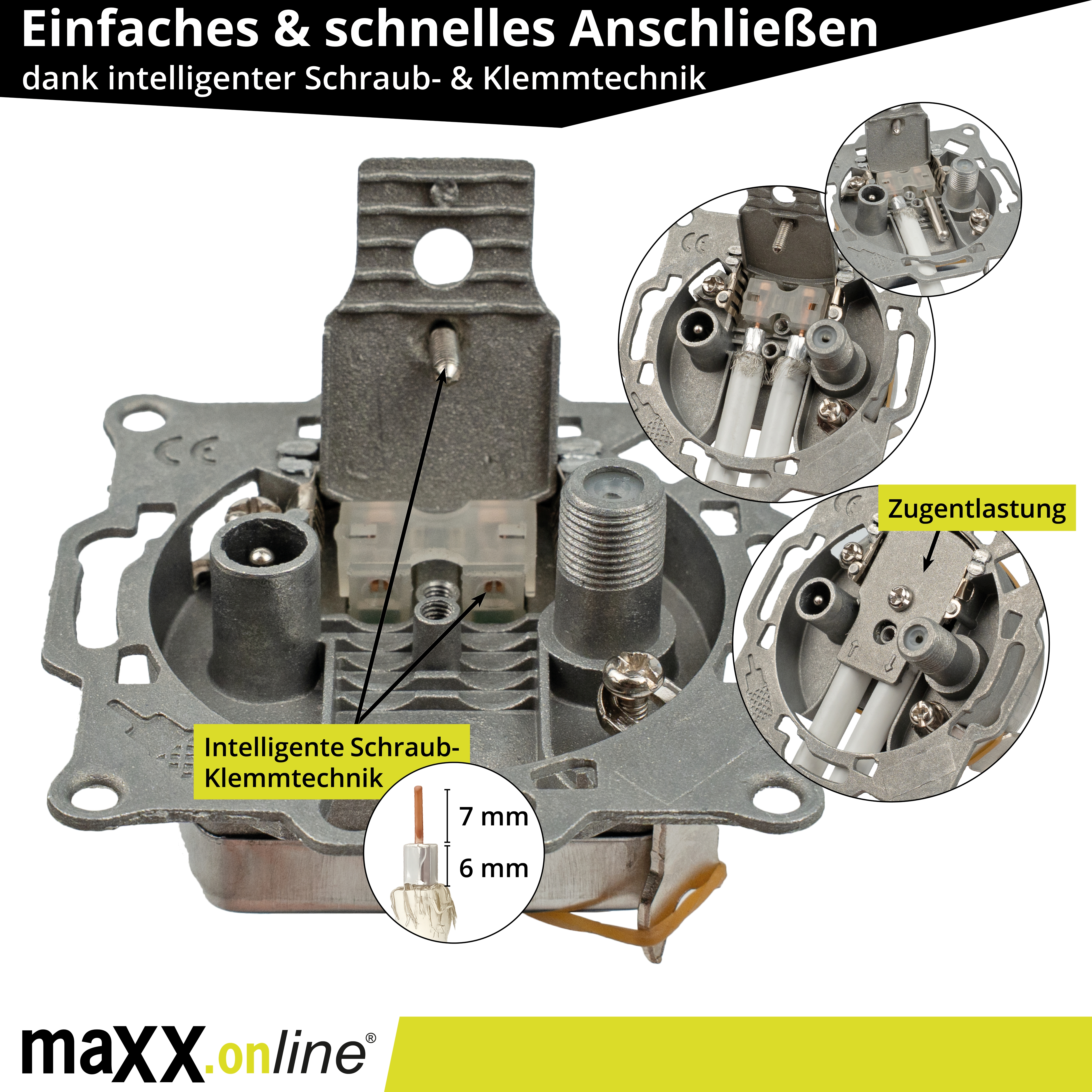 Nahaufnahme einer grauen elektrischen Komponente mit Etiketten und Diagrammen, die ihre Funktionen zeigen.
