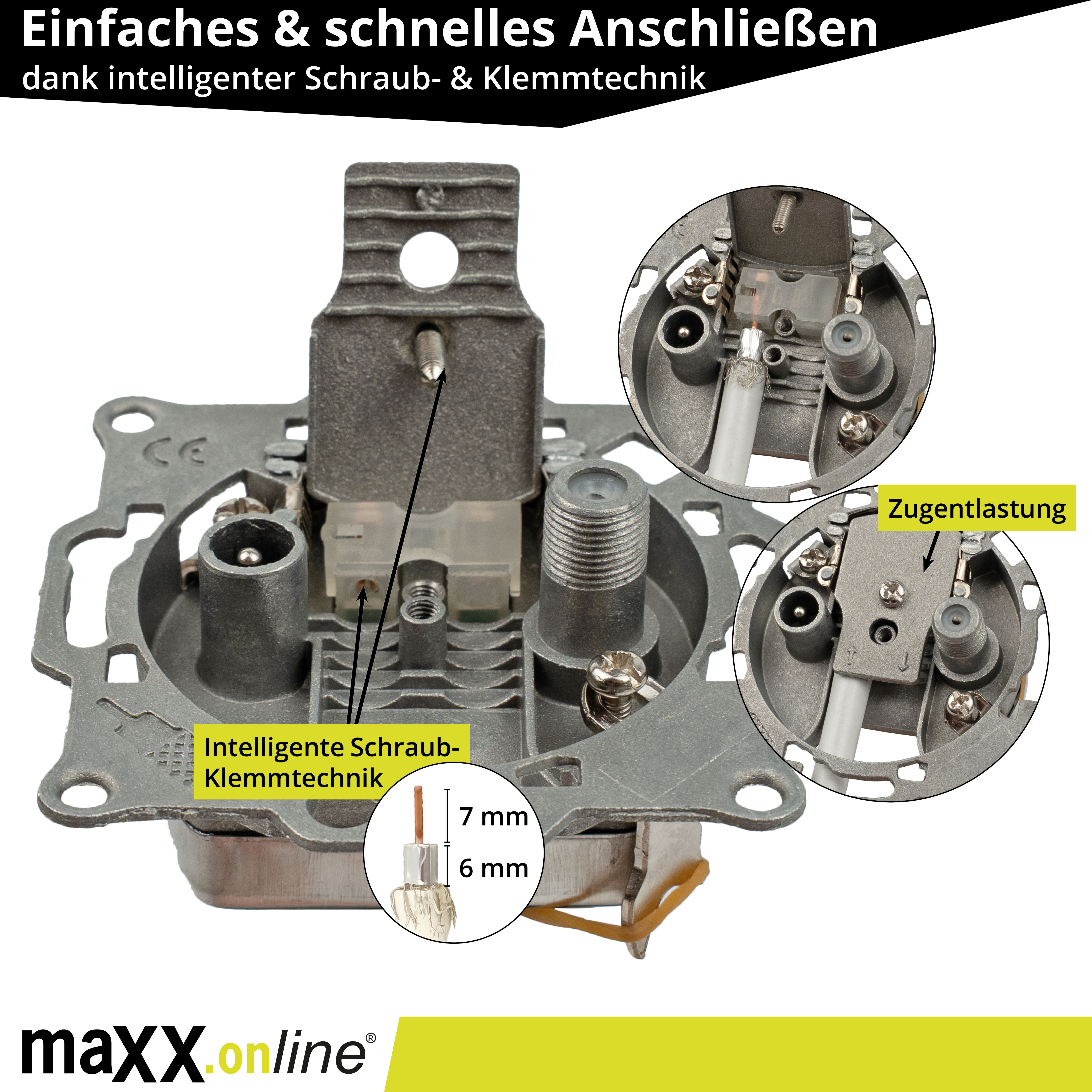 Das Bild zeigt eine elektrische Komponente mit Etiketten wie 'Intelligente Schraub-Klemmtechnik' und 'Zugentlastung'.