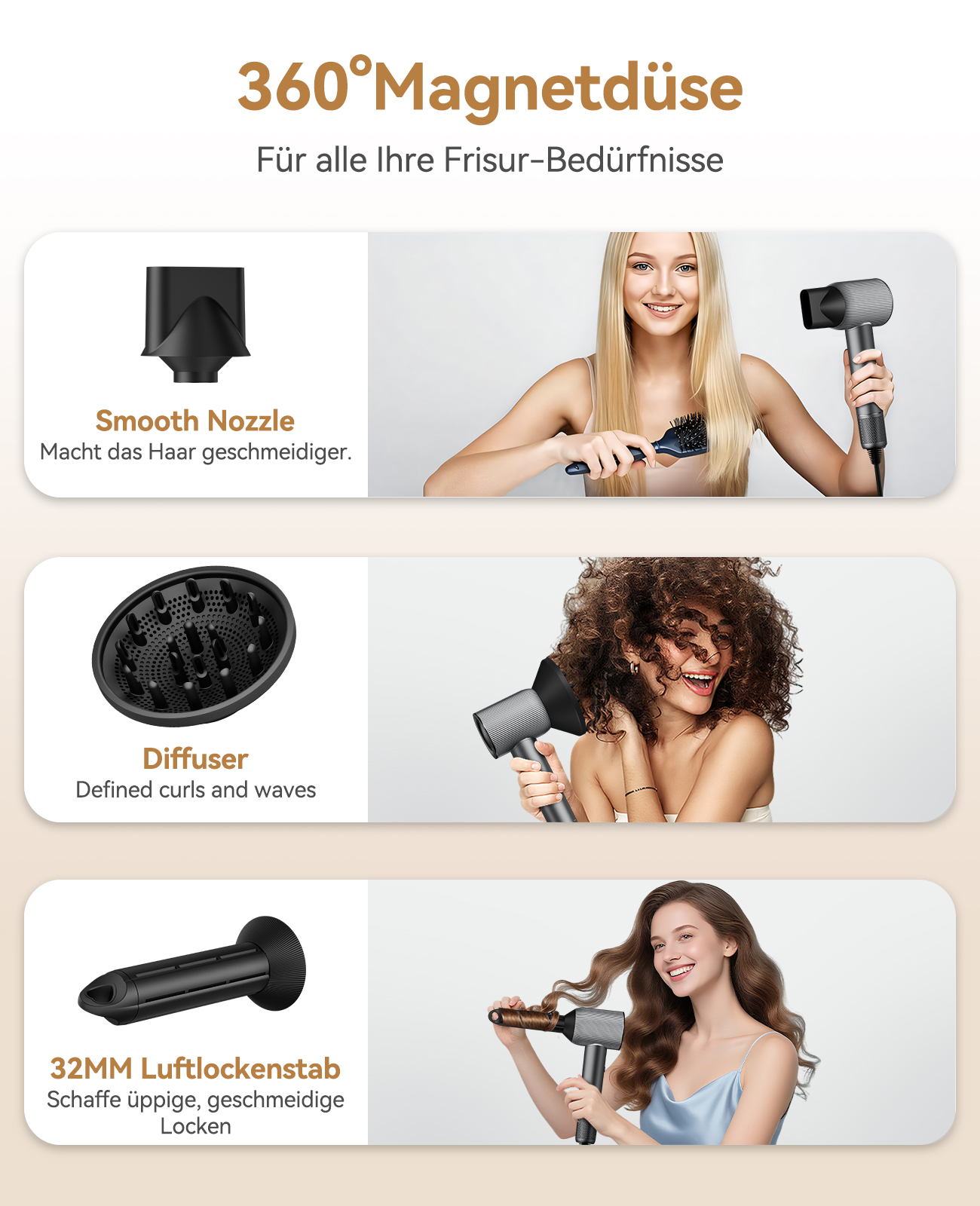 Haartrockneraufsätze: glatte Düse, Diffusor und Lockenstab. Frauen, die sie benutzen. Text: 360 Magnetdüse für alle Ihre Haarbedürfnisse.