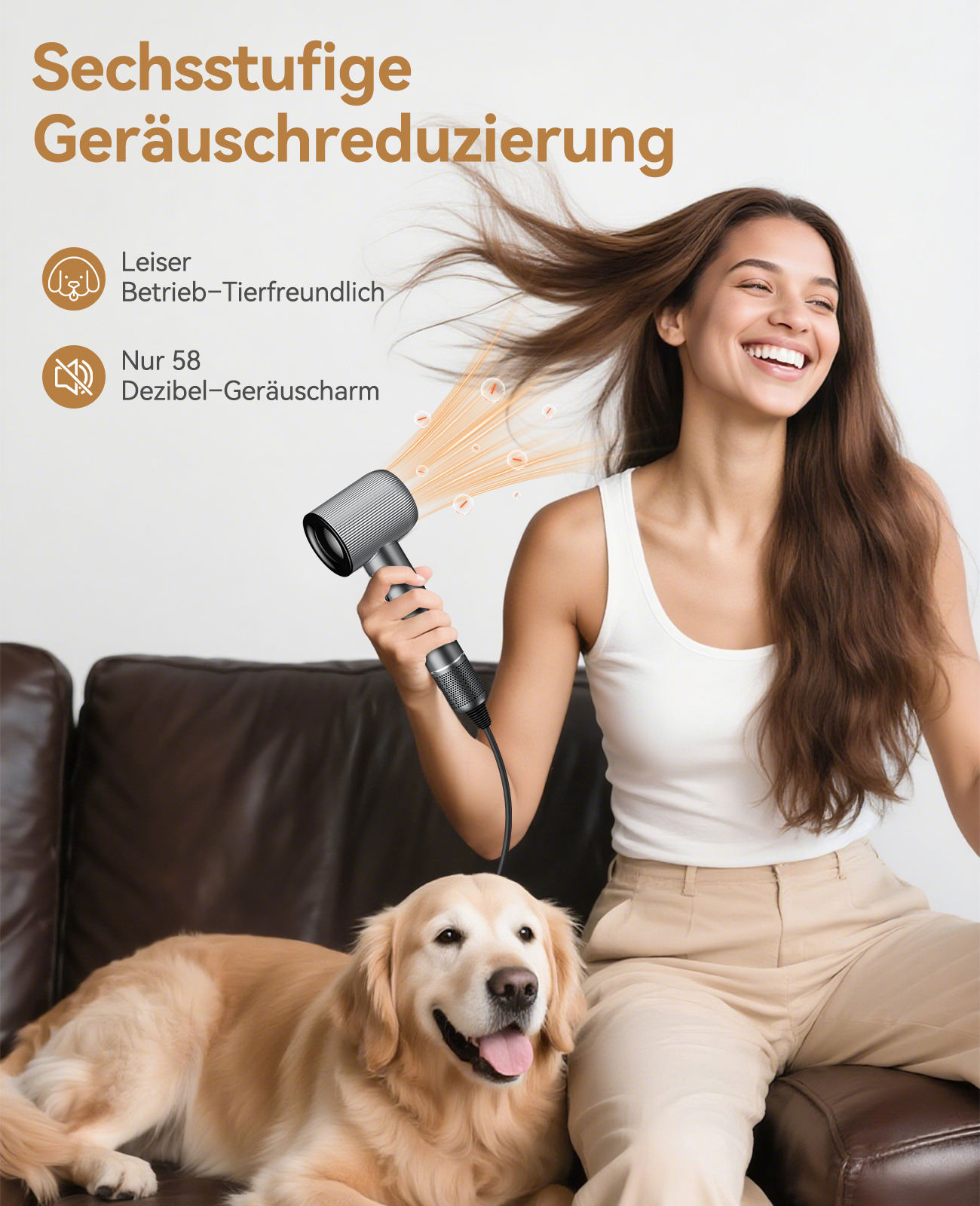 Eine Frau benutzt einen Fön und lächelt. Ein Hund sitzt darunter. Text sagt 'Geräuschreduzierung', 'tierfreundlich' und '58 Dezibel'.