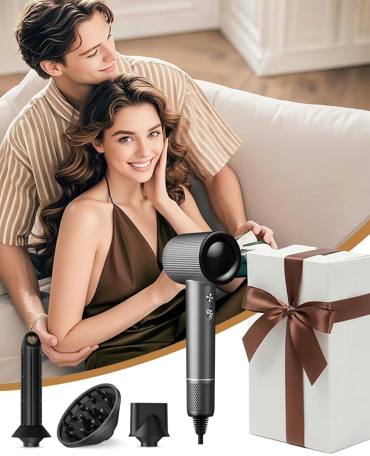 Ein Paar auf einem Sofa. Eine Frau lächelt, hält ihr Gesicht. Ein Haartrockner mit Aufsätzen und eine Geschenkbox sind vorhanden.