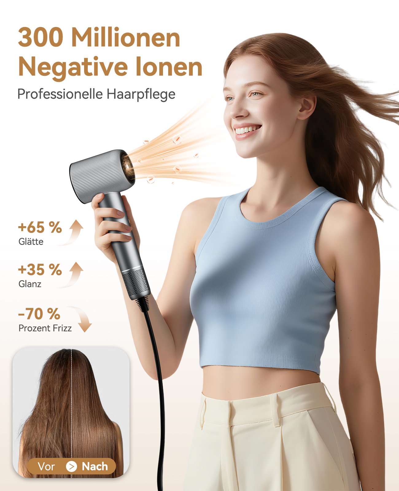 Eine lächelnde Frau hält einen Haartrockner. Text zeigt Vorteile für das Haar. Grafik zeigt Vorher/Nachher-Haarvergleich.