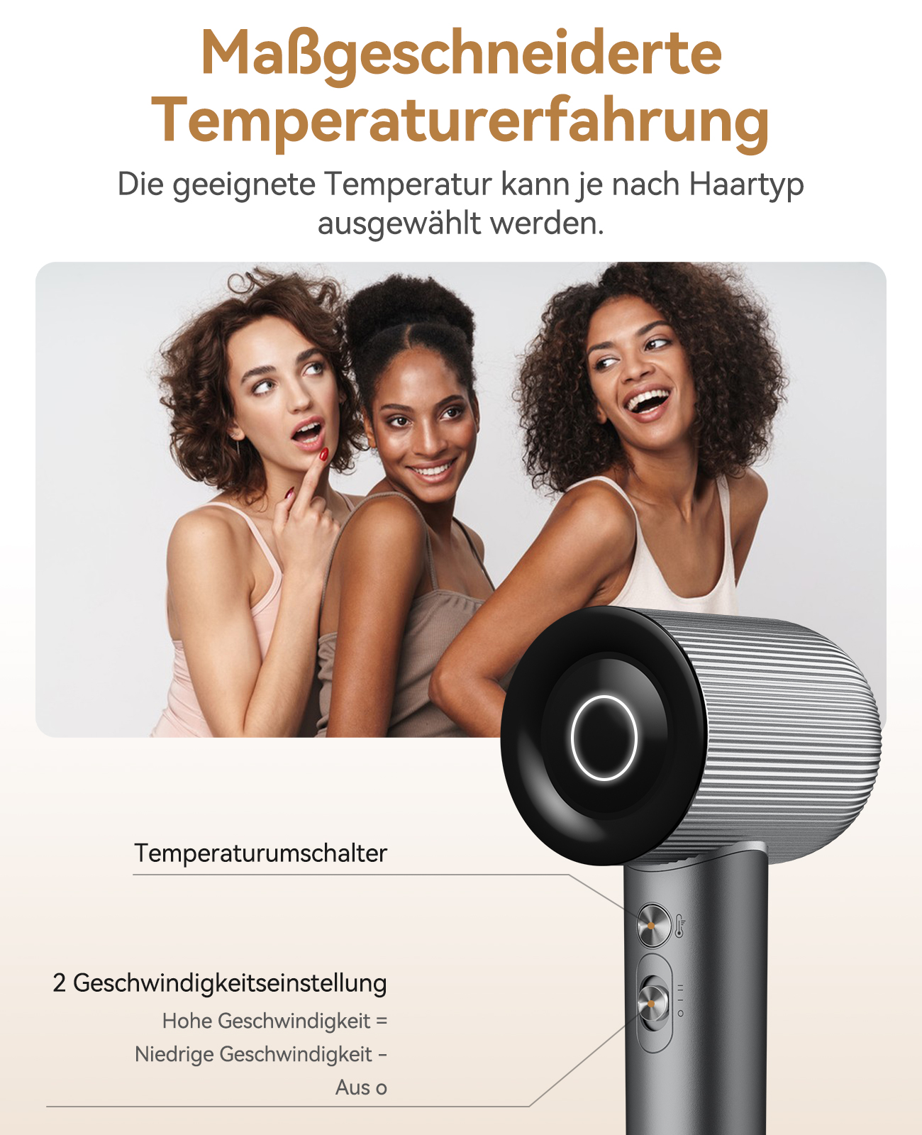 Drei Frauen und ein Föhn. Eine zeigt nach oben. Text sagt: Personalisierte Temperaturerfahrung. Haartyp kann Temperatur wählen.