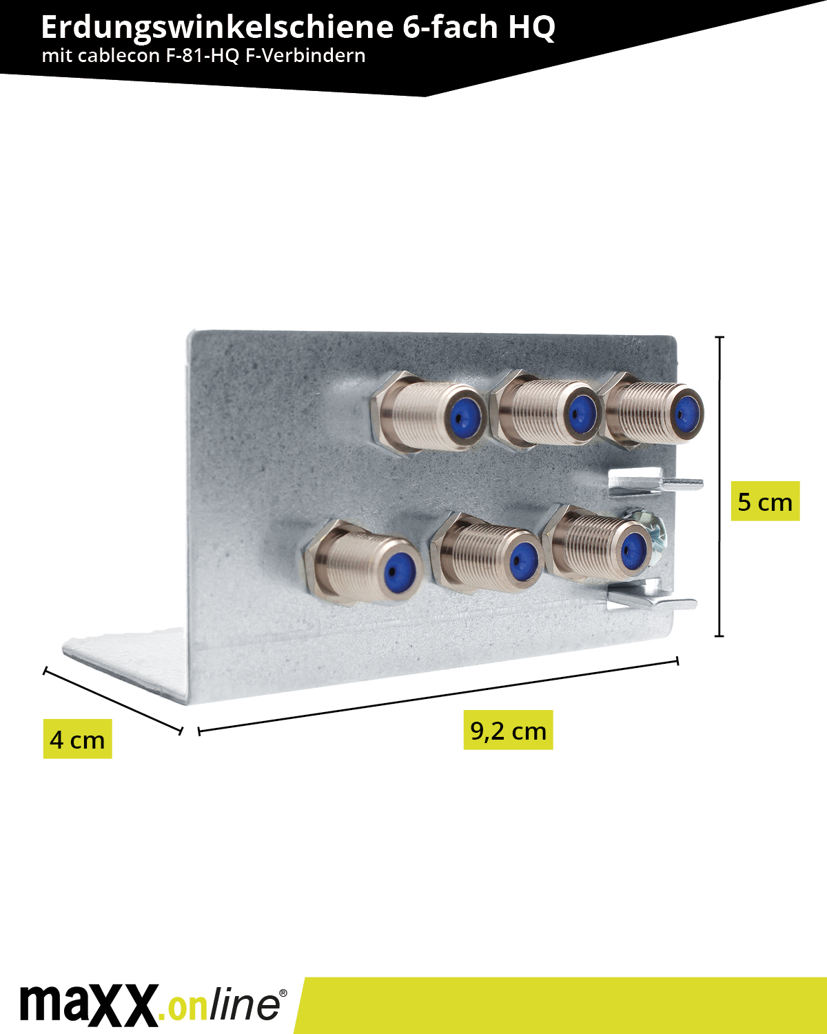 Metall-Erdungswinkel mit sechs F-Anschlüssen. Abmessungen: 9,2 cm breit, 4 cm tief und 5 cm hoch. Weißer Hintergrund.