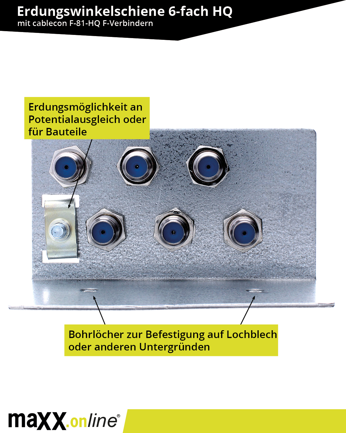 Metall-Erdungswinkel mit sechs F-Anschlüssen. Textbeschriftungen beschreiben Erdungsoptionen und Befestigungslöcher. Markenlogo unten.