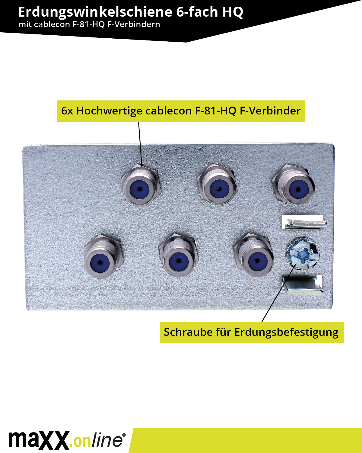 Metall-Erdungsschiene mit sechs Kabelanschlüssen, einer Schraube und Textbeschriftungen. Der Hintergrund ist weiß mit Logo.