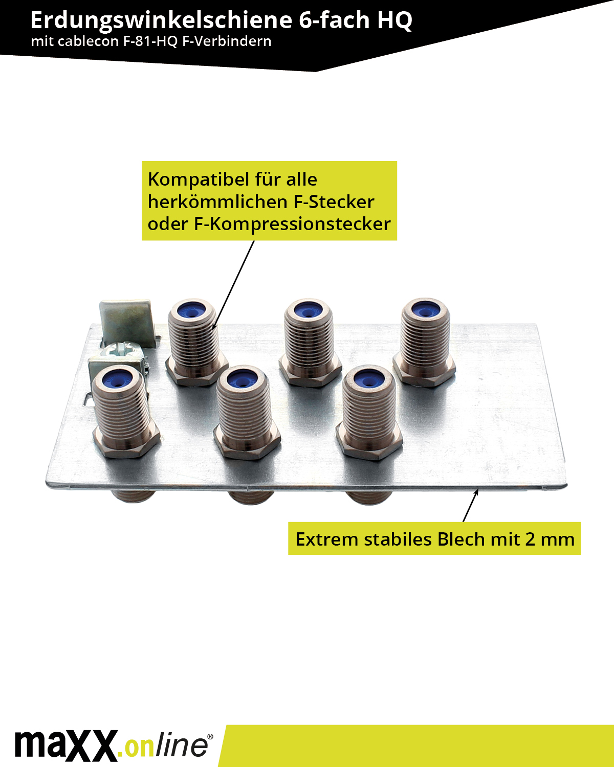 Metall-Erdungsschiene mit sechs Anschlüssen. Text erwähnt Kompatibilität mit F-Steckern und ein stabiles 2mm Blech.