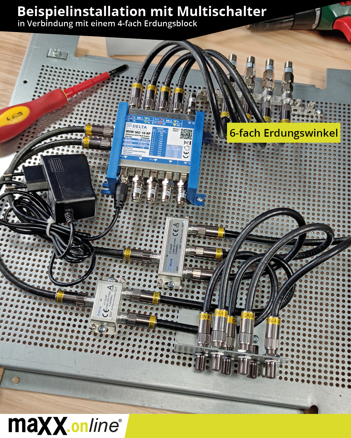 Nahaufnahme einer Multischalter-Installation mit Kabeln, Anschlüssen und einem Netzteil auf einer Lochblechoberfläche.