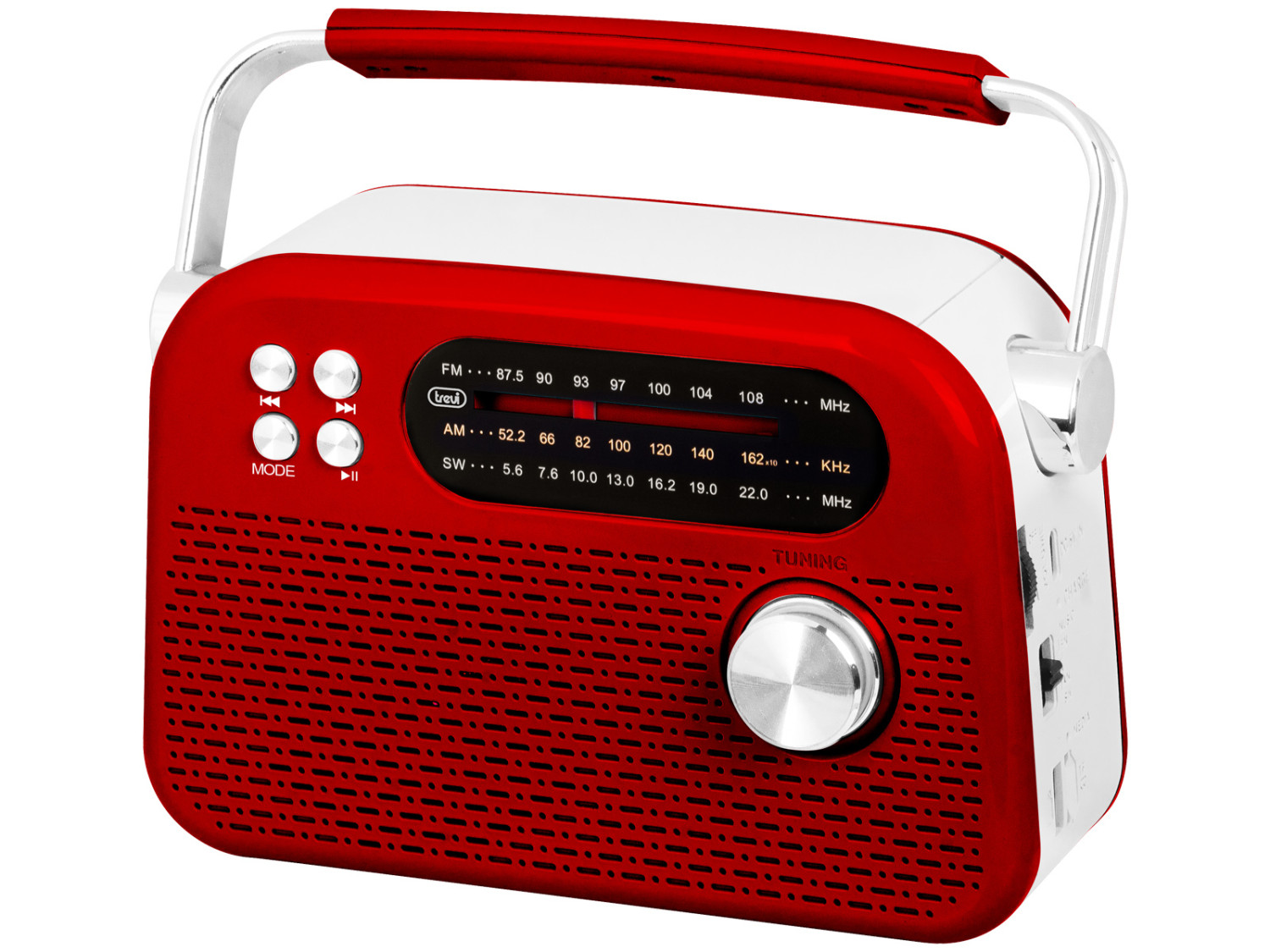 Una radio portatile rossa e bianca con maniglia. Ha pulsanti e una manopola di sintonizzazione, che mostra le frequenze radio.