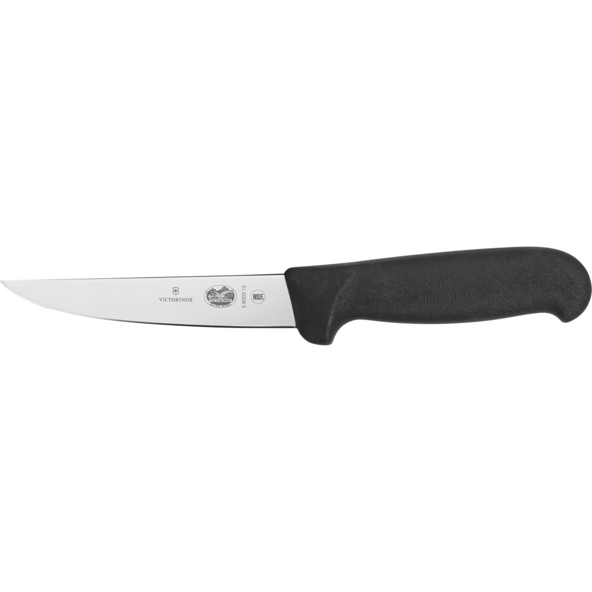 Gümüş renkli bıçağı ve siyah sapı olan bir Victorinox kemik sıyırma bıçağı beyaz zemin üzerinde gösterilmektedir.