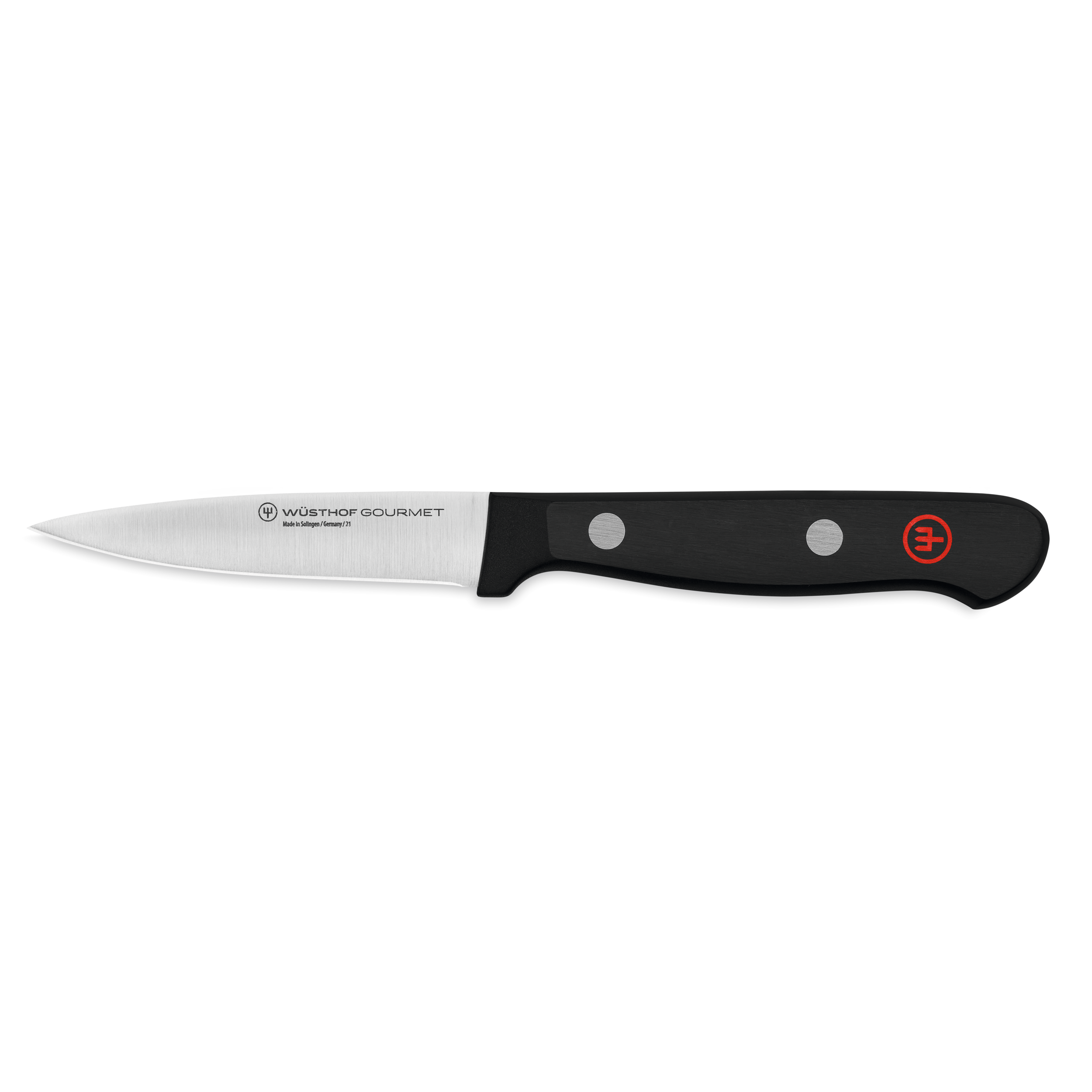 Ein Wüsthof Gourmet-Schälmesser mit silberner Klinge und schwarzem Griff, schwarzer Hintergrund.