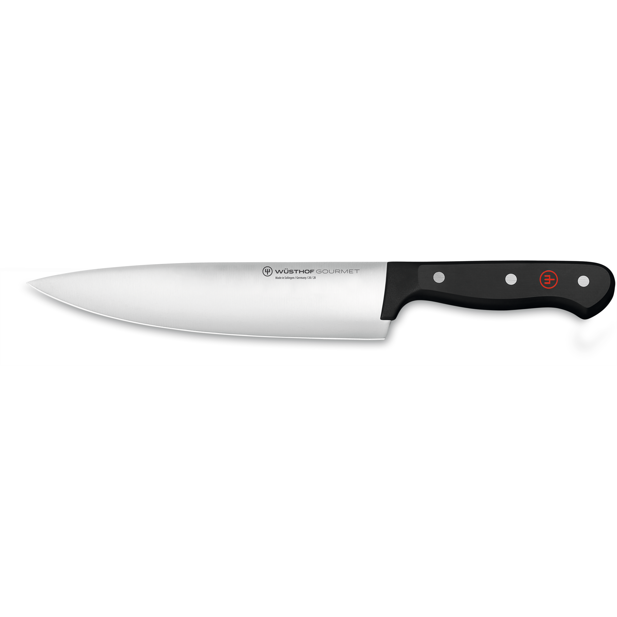 Ein Wüsthof Gourmet Kochmesser. Die Klinge ist silberfarben, der Griff ist schwarz mit roten und weißen Akzenten.
