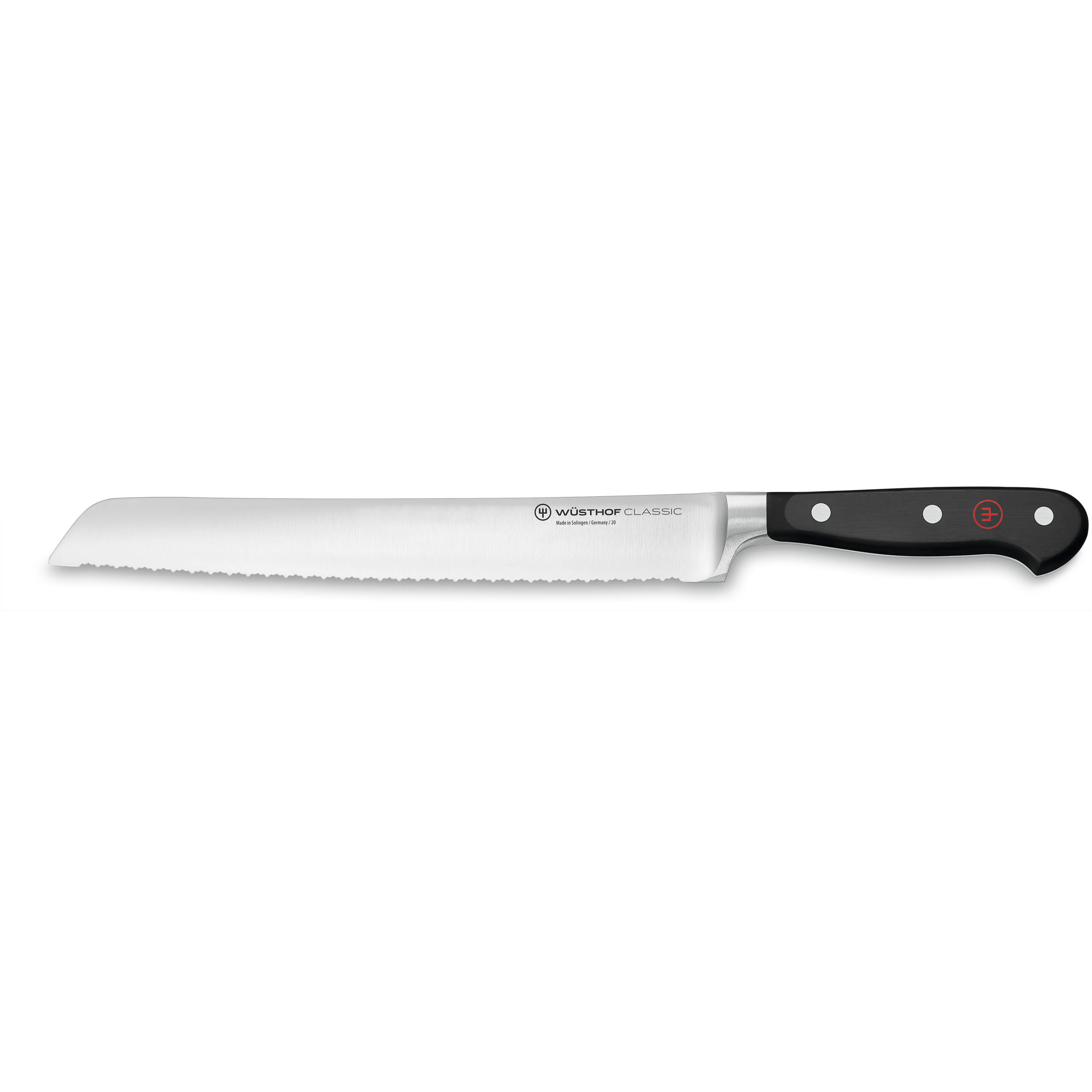 Ein Brotmesser mit gezahnter Klinge und schwarzem Griff. Es ist von Wüsthof Classic.