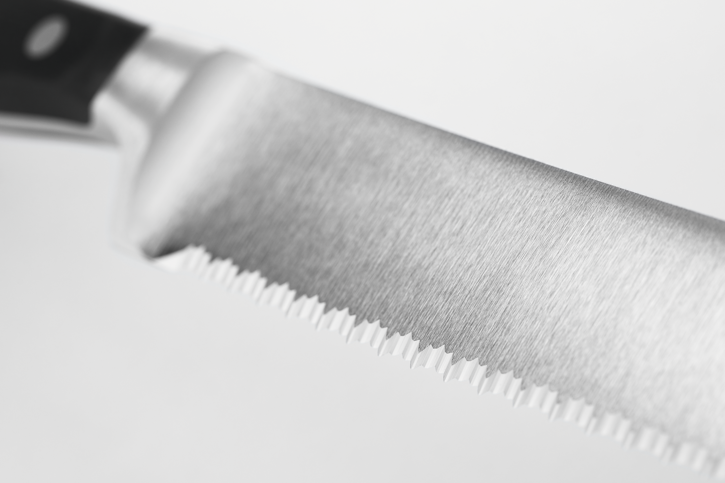 Nahaufnahme einer gezahnten Messer klinge mit schwarzem Griff. Die Klinge ist silberfarben und vor weißem Hintergrund abgewinkelt.