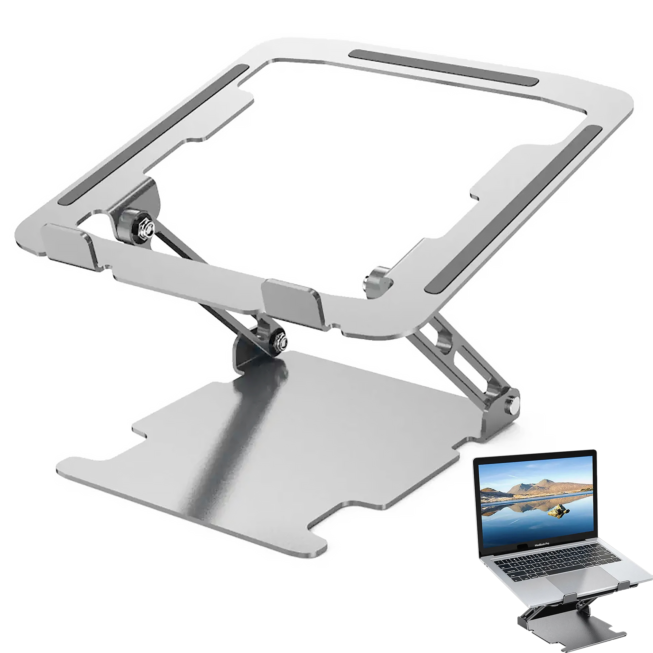 Silberner Laptop-Ständer mit Laptop darauf. Der Ständer ist verstellbar, der Laptop zeigt eine Landschaft.