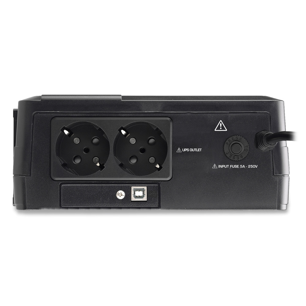 UPS nero con due prese di corrente, una porta USB e un pulsante di ripristino. Le etichette di testo includono 'UPS OUTLET' e 'INPUT FUSE'.