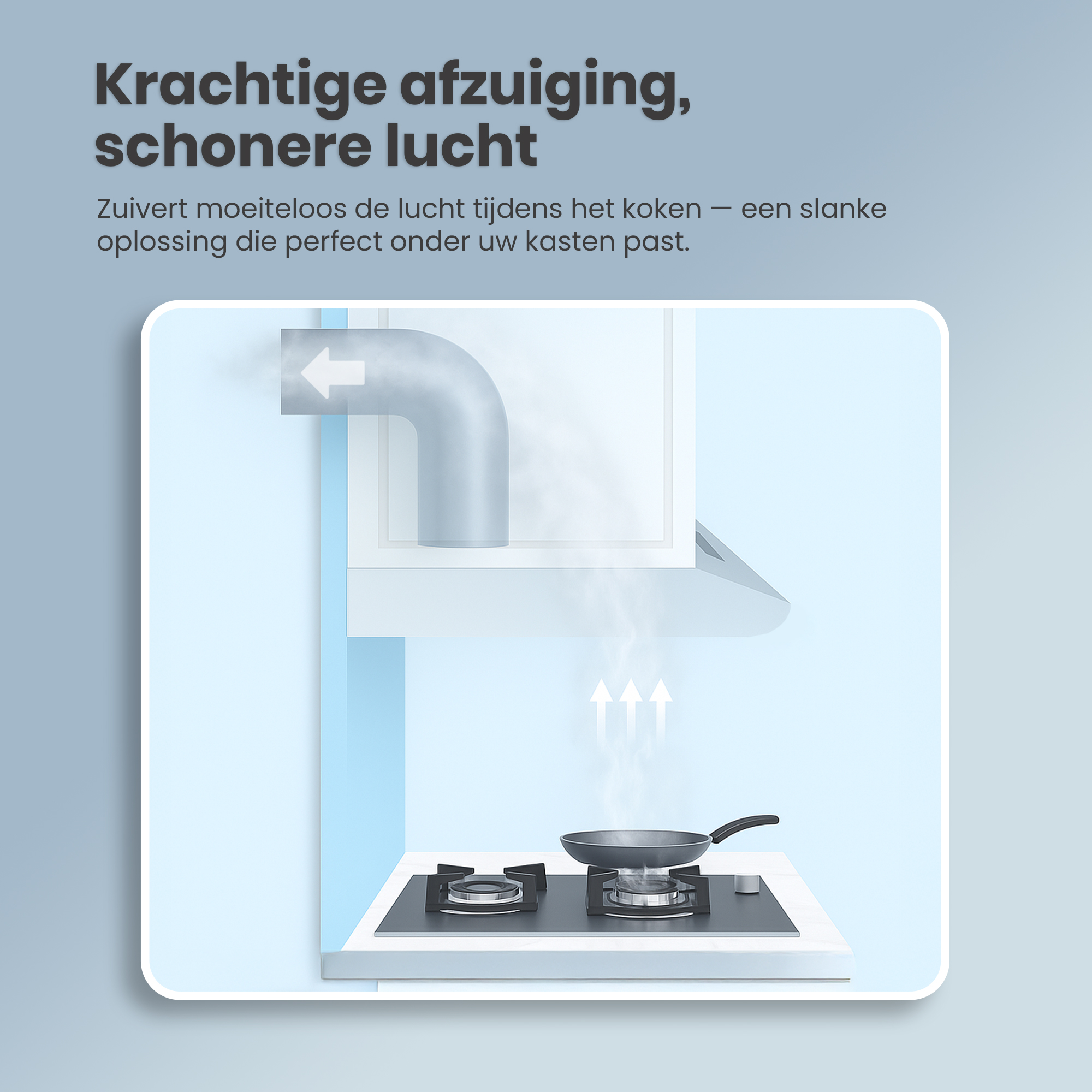 Illustratie van een keuken met kookplaat en afzuigkap. Stoom stijgt op uit een pan. De ventilator heeft een pijl.