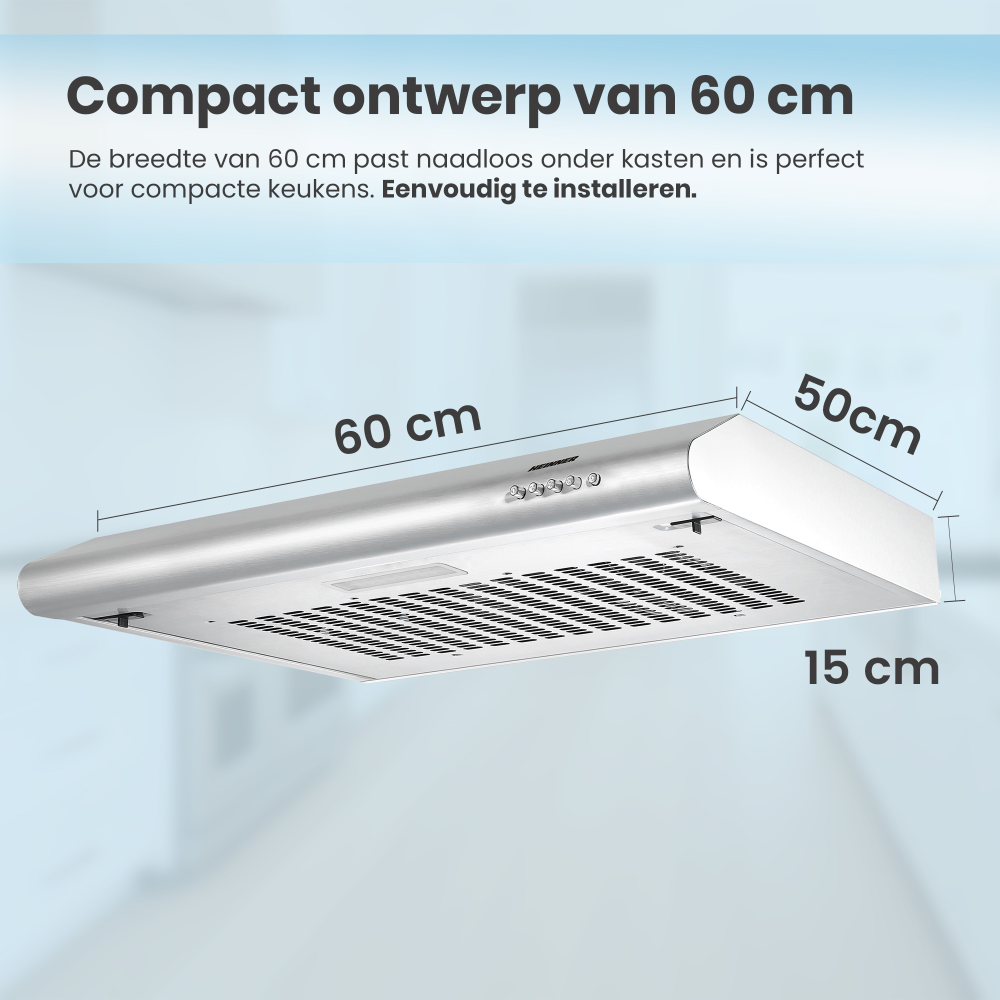 Zilveren afzuigkap. Afmetingen: 60cm breed, 50cm diep en 15cm hoog. Tekst geeft aan dat installatie eenvoudig is.