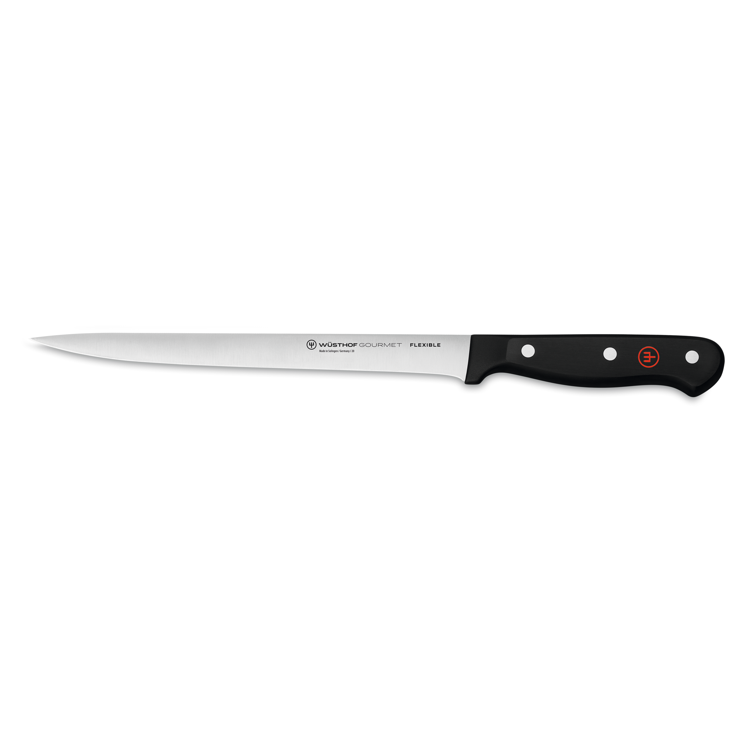 Ein flexibles Wüsthof Gourmet-Messer. Die Klinge ist silberfarben, der Griff schwarz mit drei weißen Punkten und rotem Logo.