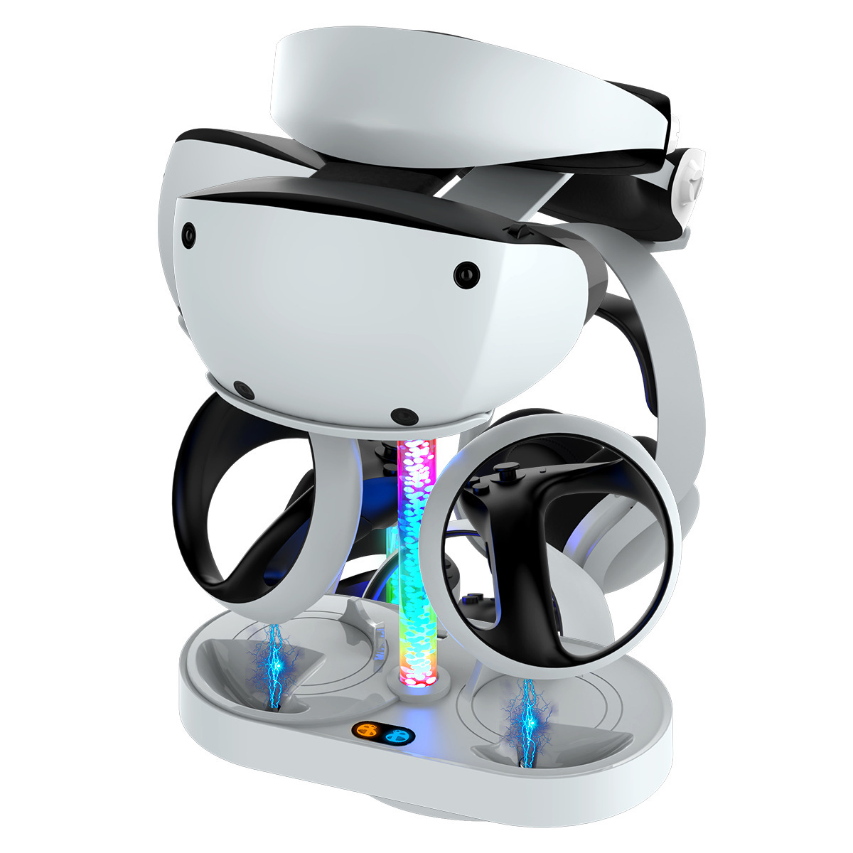 Eine weiße und schwarze VR-Headset-Ladestation mit einer leuchtenden Säule. Controller und Headset sind sichtbar, alles auf weißer Basis.