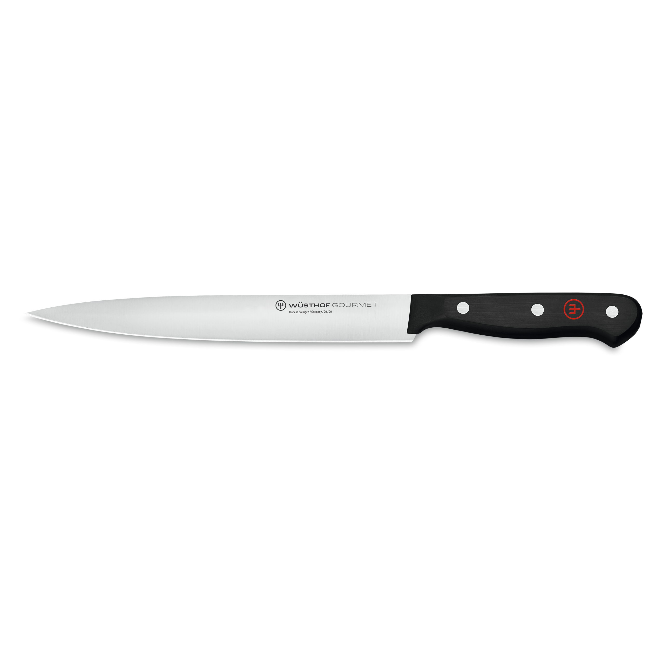 Ein Wüsthof Gourmet-Messer. Es hat eine lange, silberne Klinge und einen schwarzen Griff. Der Griff hat Nieten und ein rotes Logo.