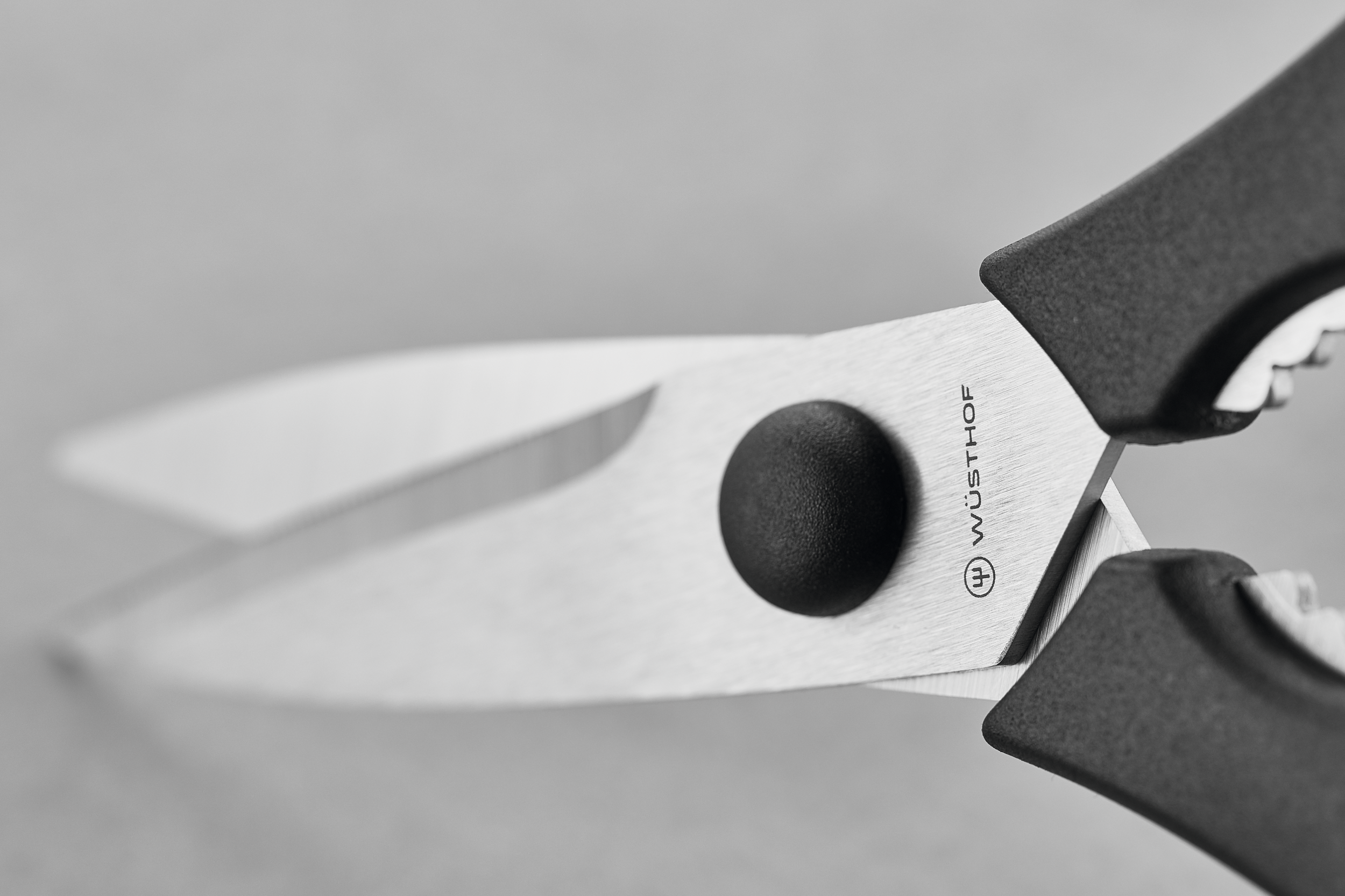 Nahaufnahme einer Wüsthof Küchenschere. Die Klingen sind geöffnet. Schwarze Griffe und schwarze Mitte.