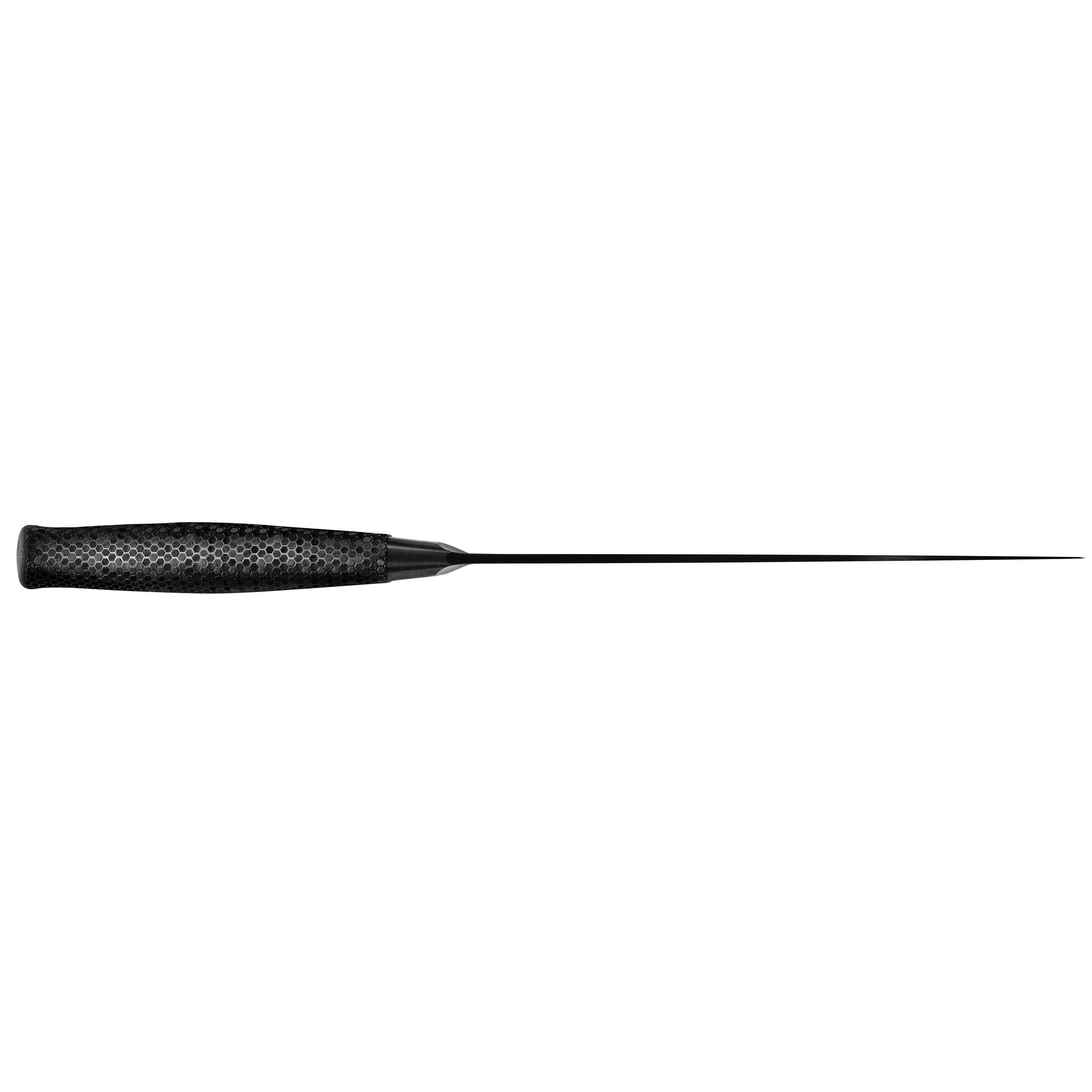 Ein schwarzes Messer mit strukturiertem Griff und langer, dünner Klinge, isoliert auf weißem Hintergrund.