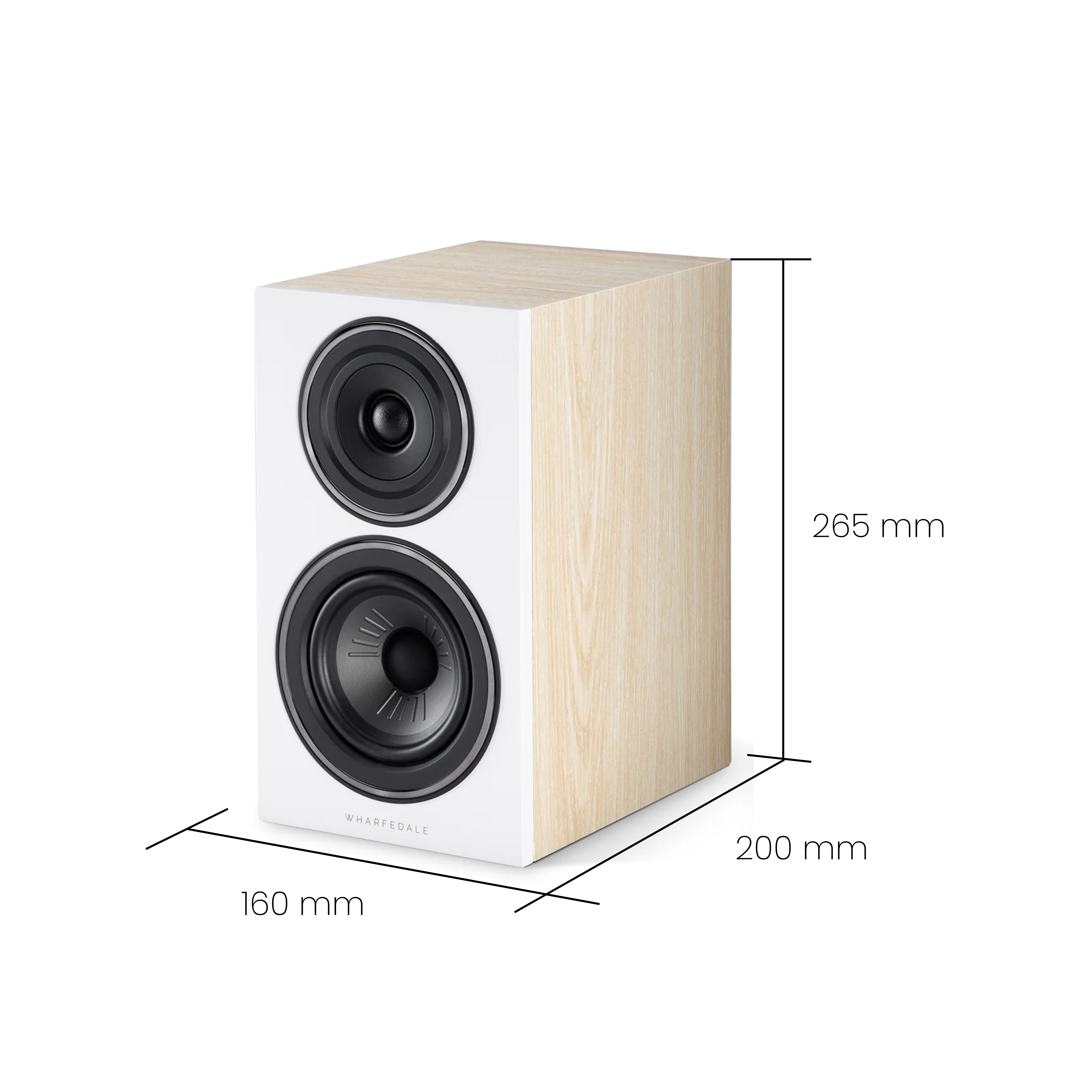 Un altoparlante bianco e in legno con due altoparlanti neri e dimensioni indicate: 160 mm, 200 mm, 265 mm.